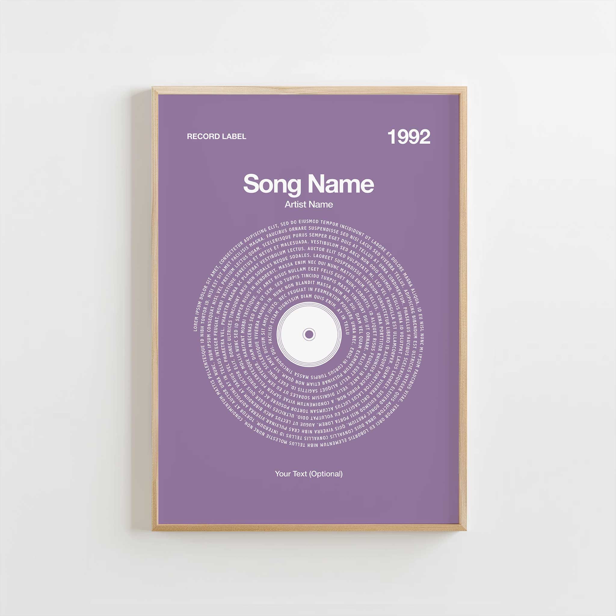 Soothing Lilac background personalized song lyrics print in a vinyl record style, serene music art.