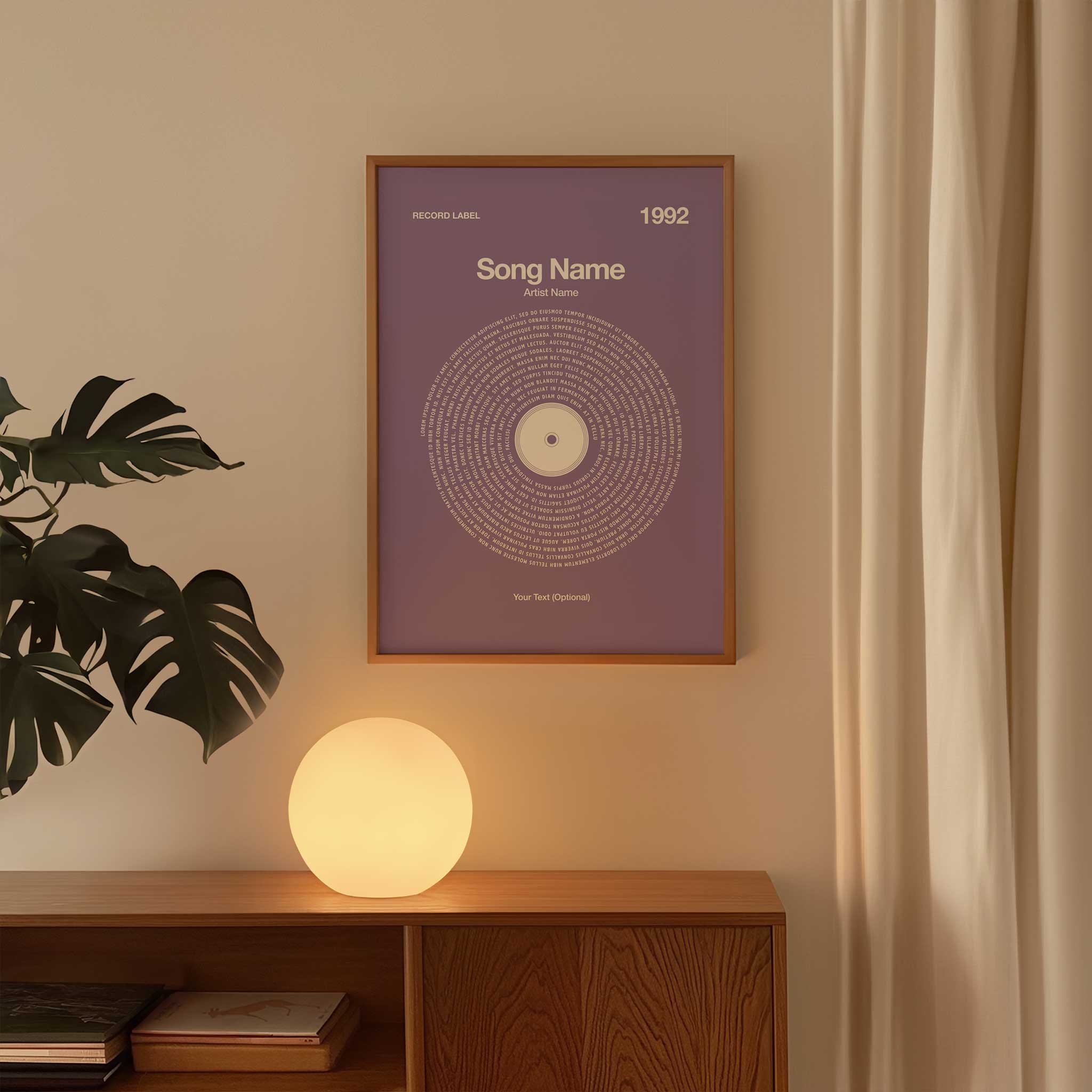 Soothing Lilac background personalized song lyrics print in a vinyl record style, serene music art.