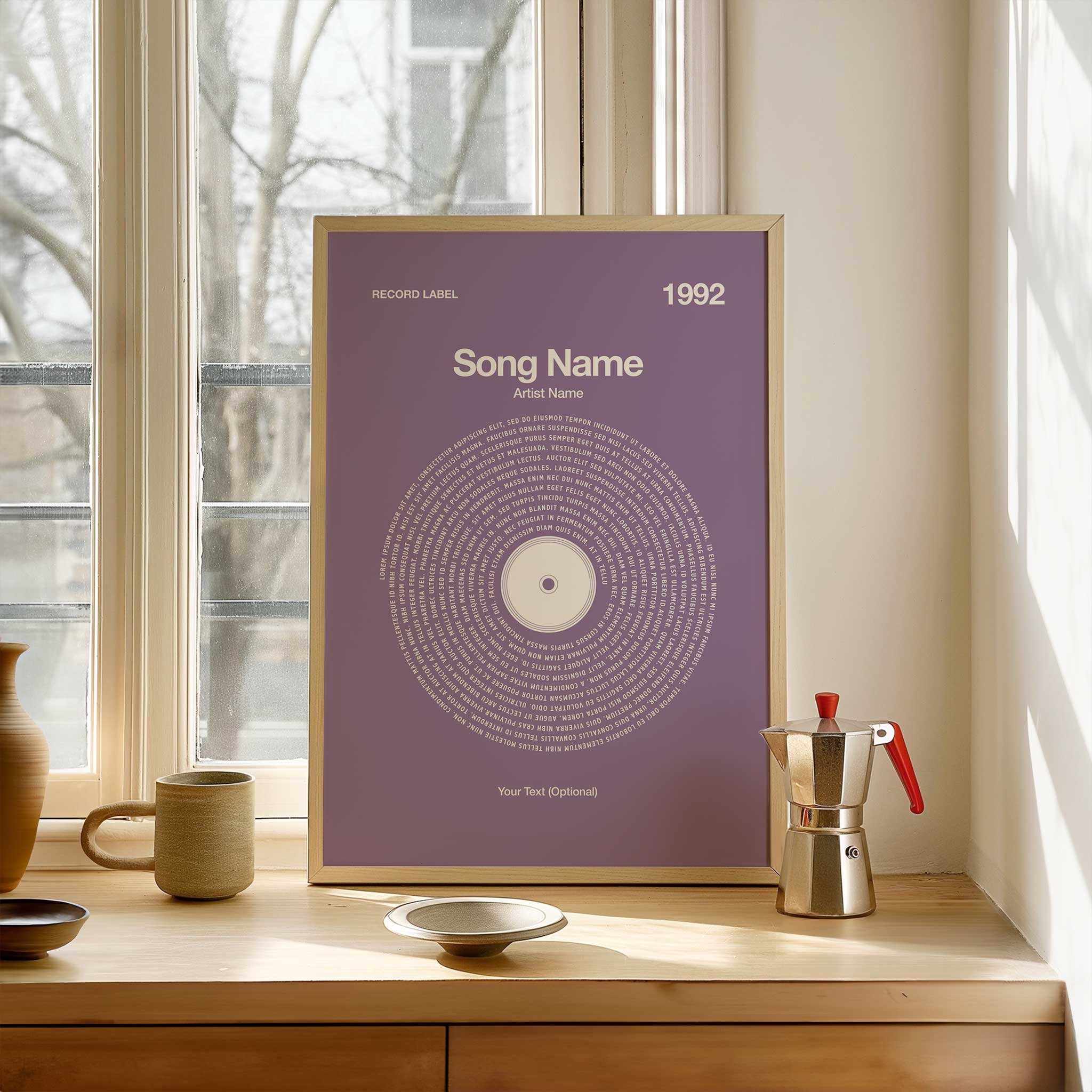 Soothing Lilac background personalized song lyrics print in a vinyl record style, serene music art.