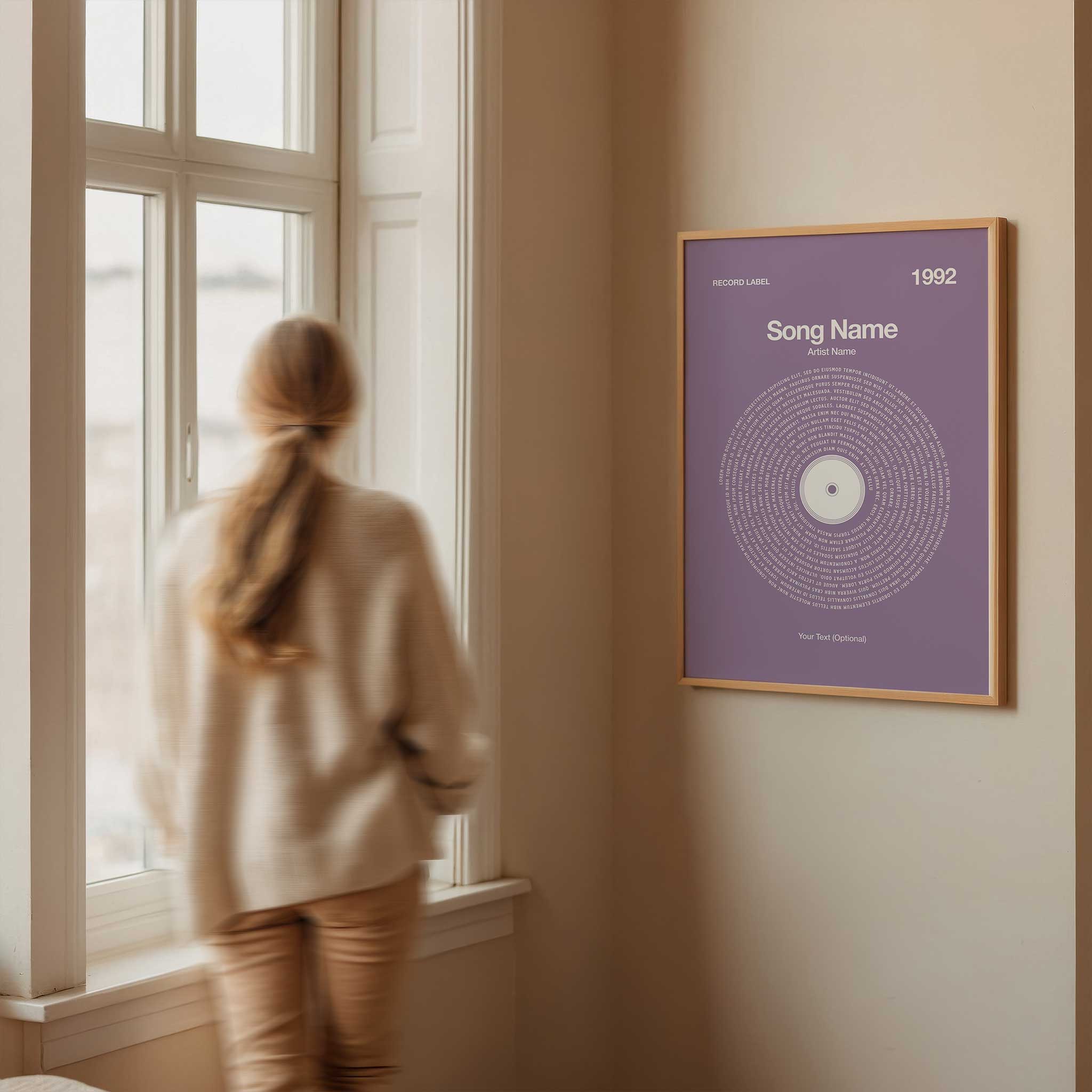 Soothing Lilac background personalized song lyrics print in a vinyl record style, serene music art.