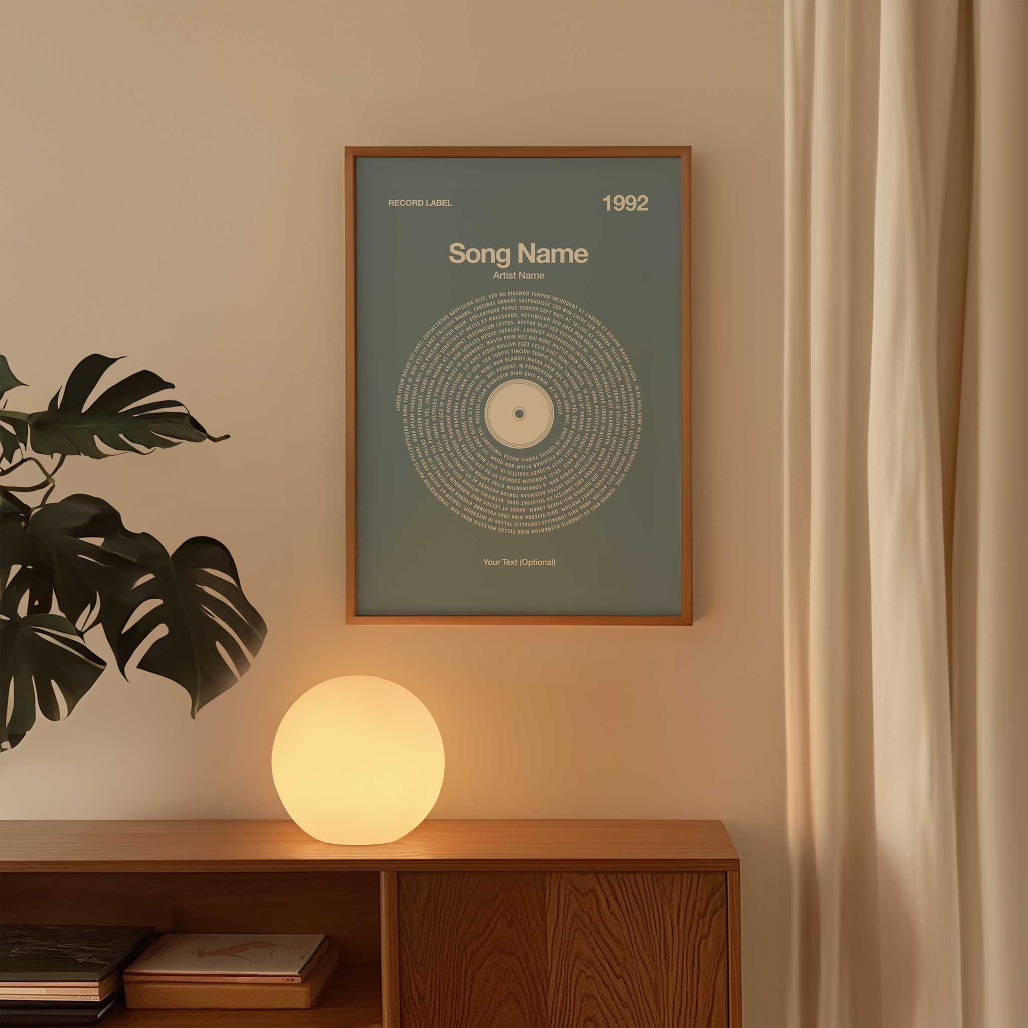 Calming Misty Blue background custom printed song lyrics in a vinyl record design, elegant music gift.