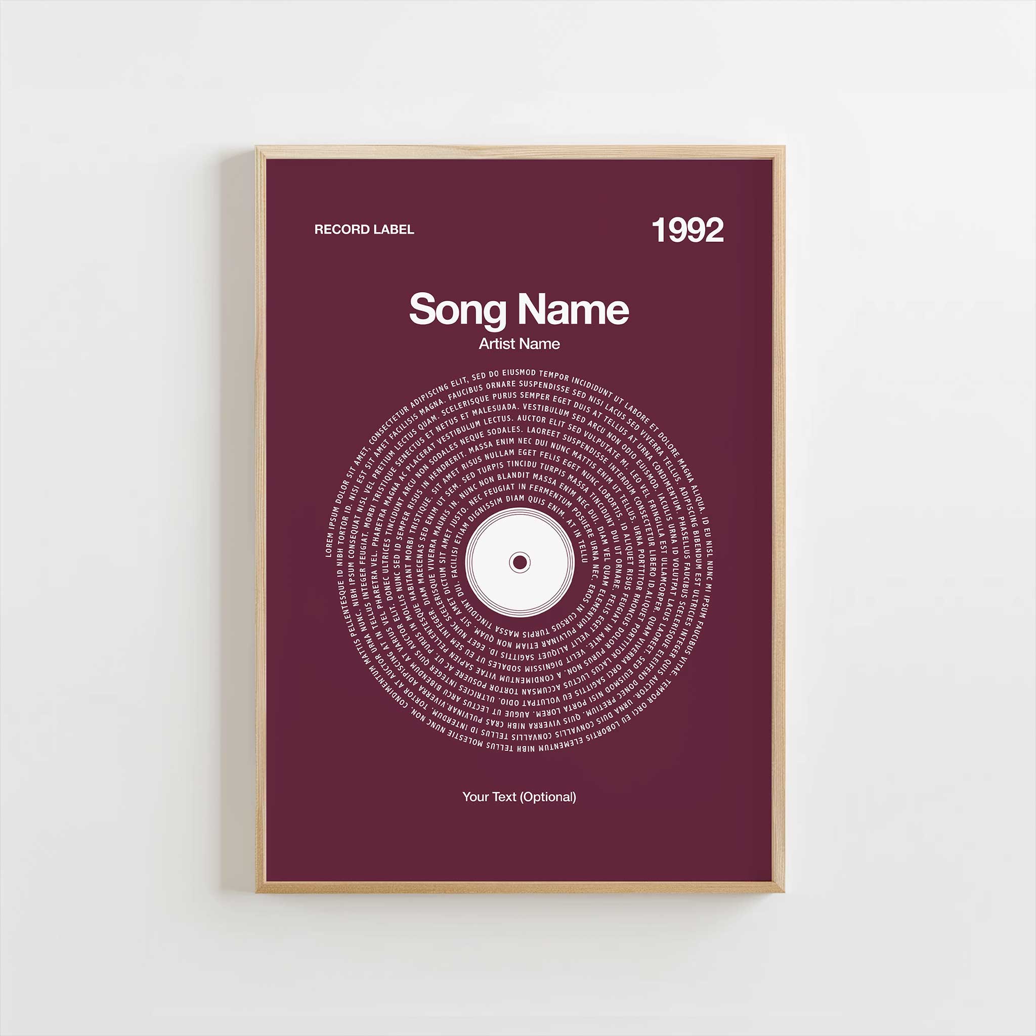 Deep Rich Mulberry background personalized song lyrics wall art in a vinyl record style, vibrant aesthetic.
