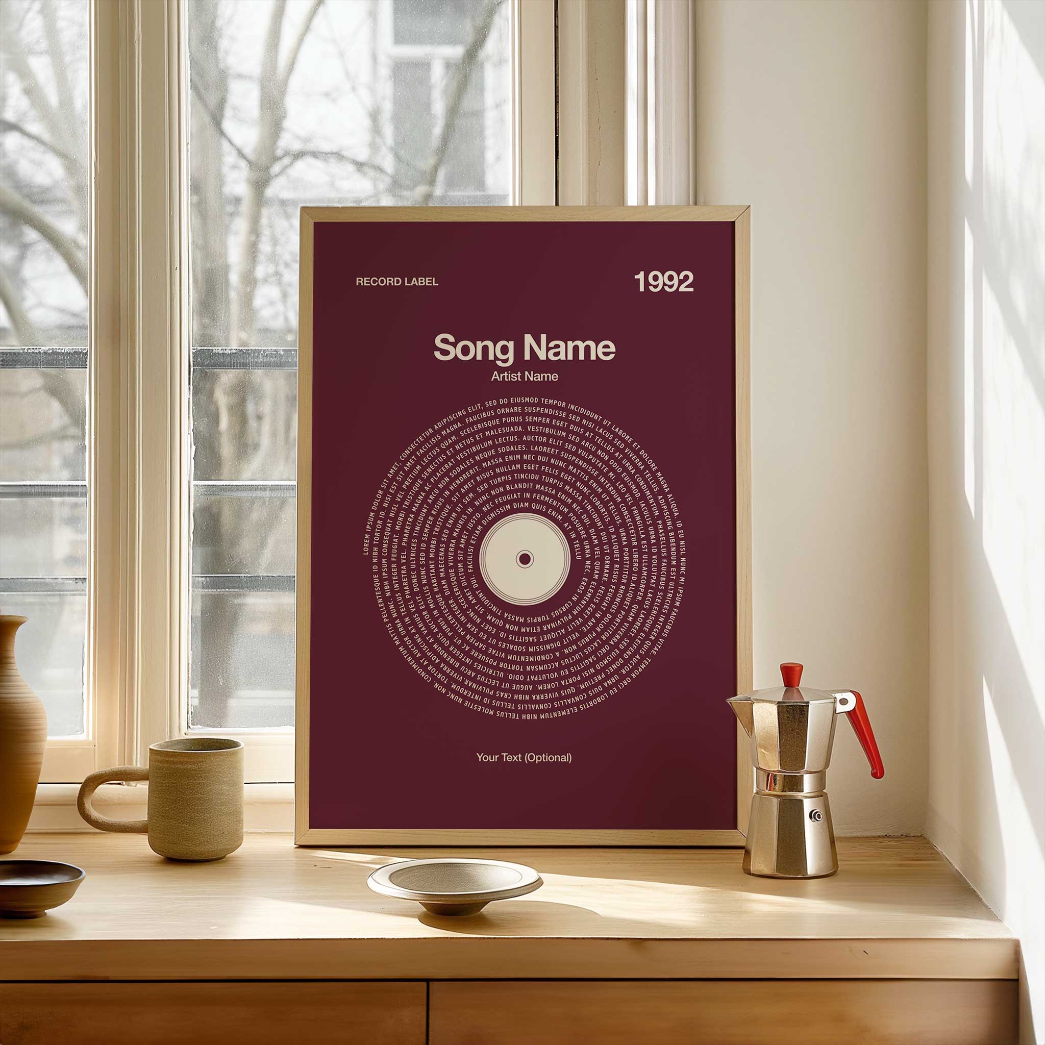 Deep Rich Mulberry background personalized song lyrics wall art in a vinyl record style, vibrant aesthetic.