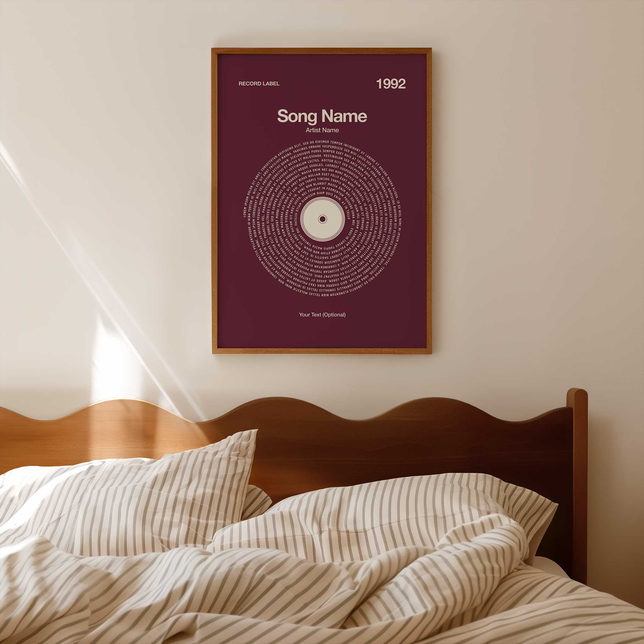 Deep Rich Mulberry background personalized song lyrics wall art in a vinyl record style, vibrant aesthetic.