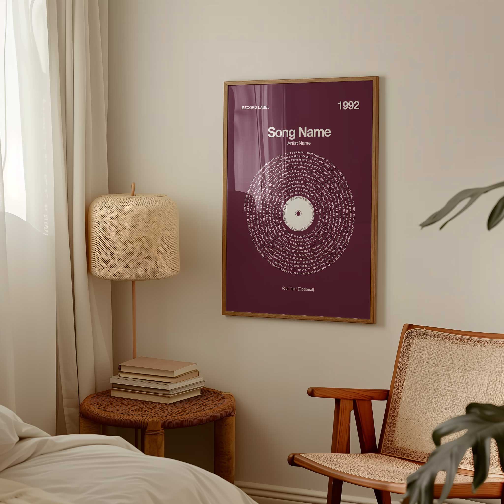 Deep Rich Mulberry background personalized song lyrics wall art in a vinyl record style, vibrant aesthetic.