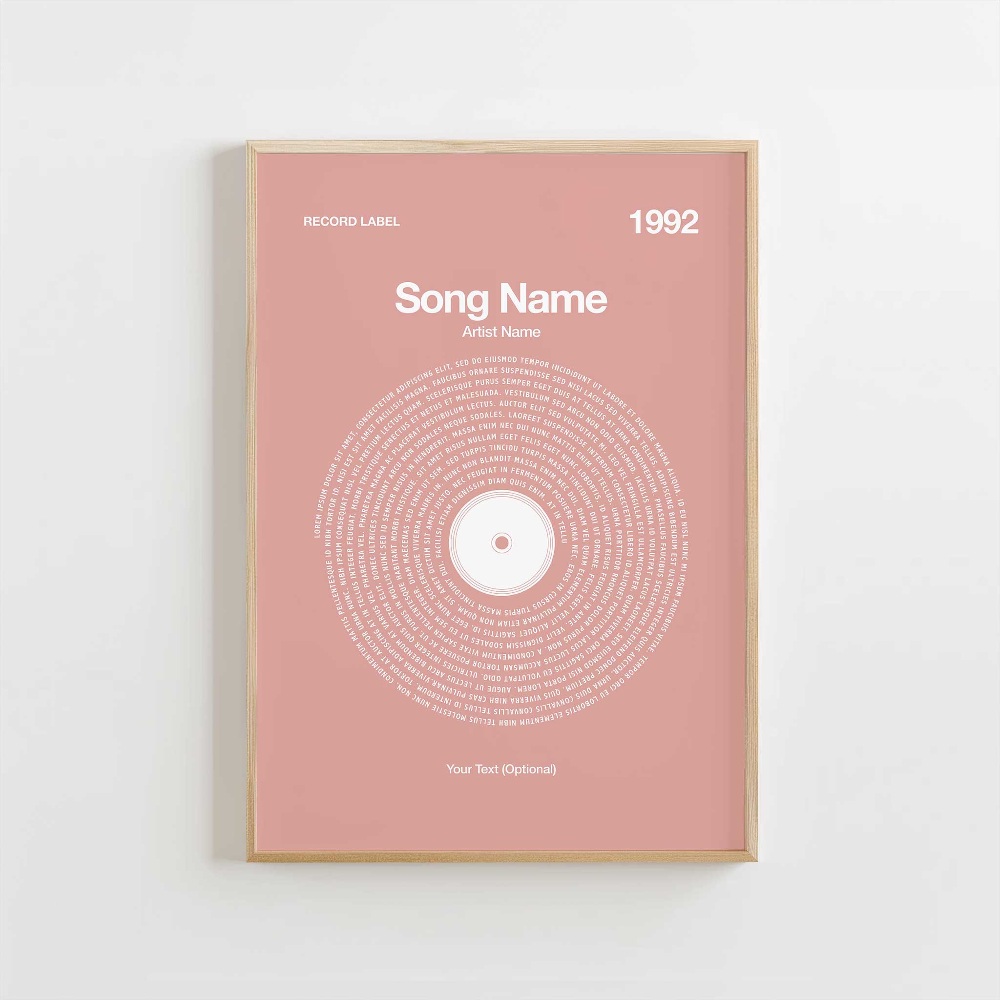 Delicate Petal-Pink background custom lyrics wall art in a vinyl record design, cozy music decor.