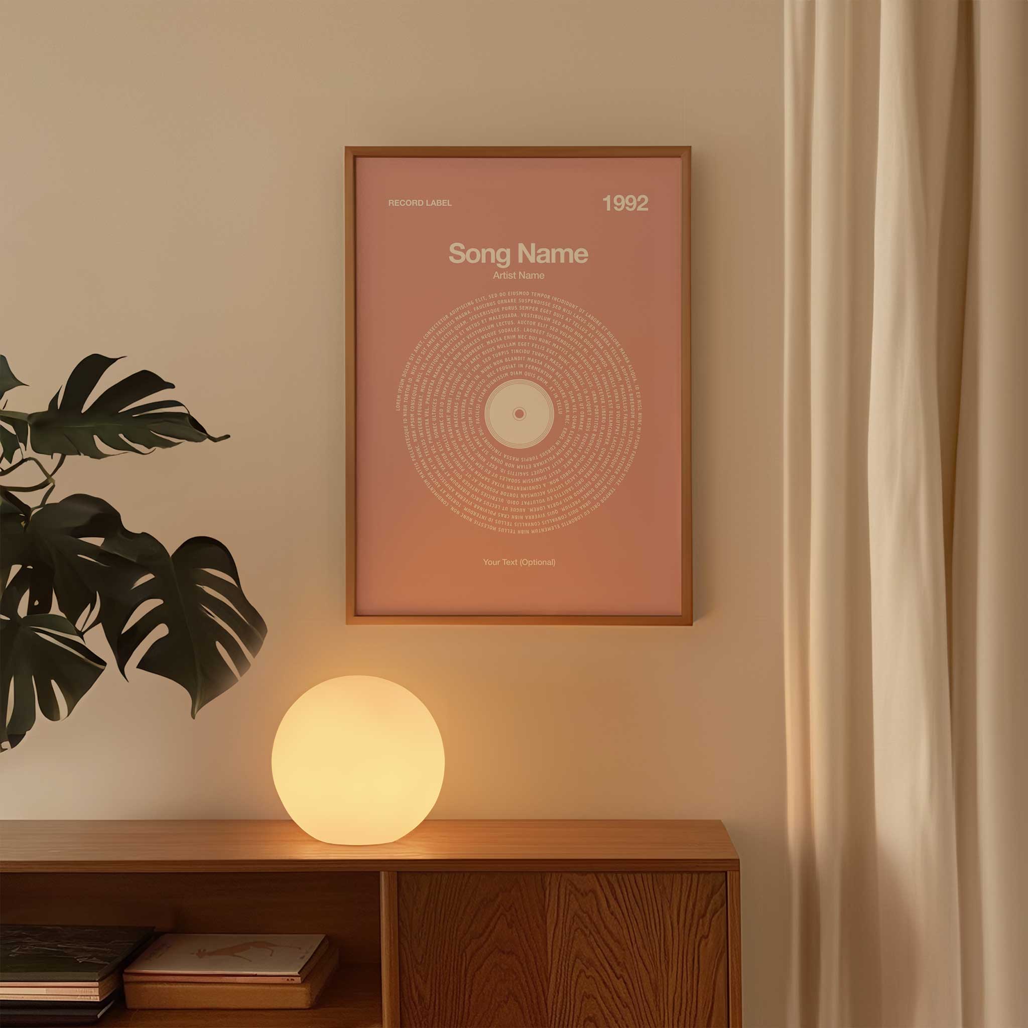 Delicate Petal-Pink background custom lyrics wall art in a vinyl record design, cozy music decor.