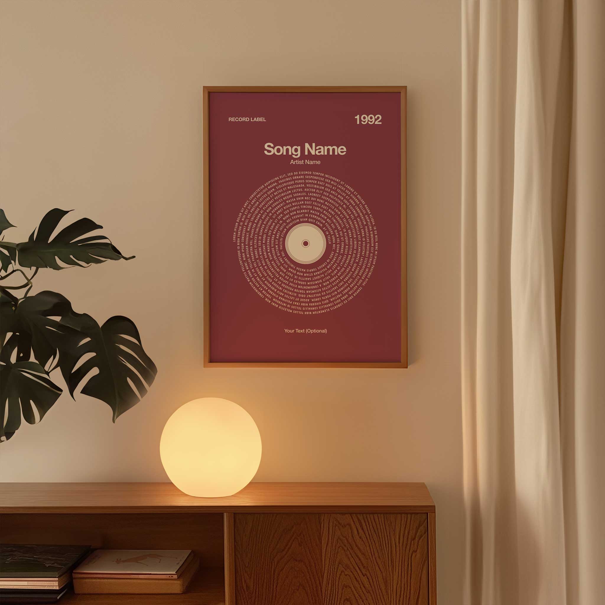 Deep Plum background custom printed song lyrics in a vinyl record style, elegant music lover gift.