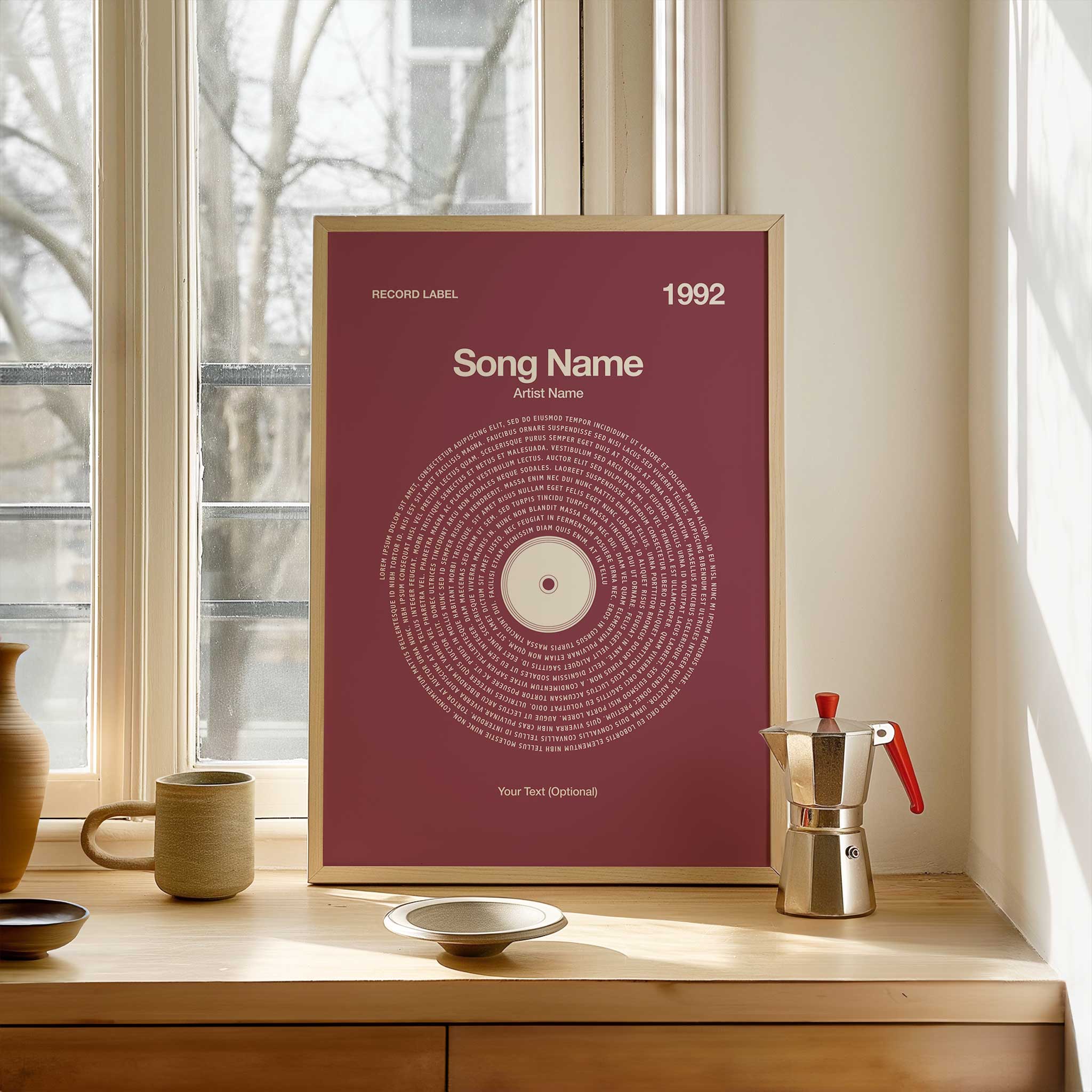 Deep Plum background custom printed song lyrics in a vinyl record style, elegant music lover gift.