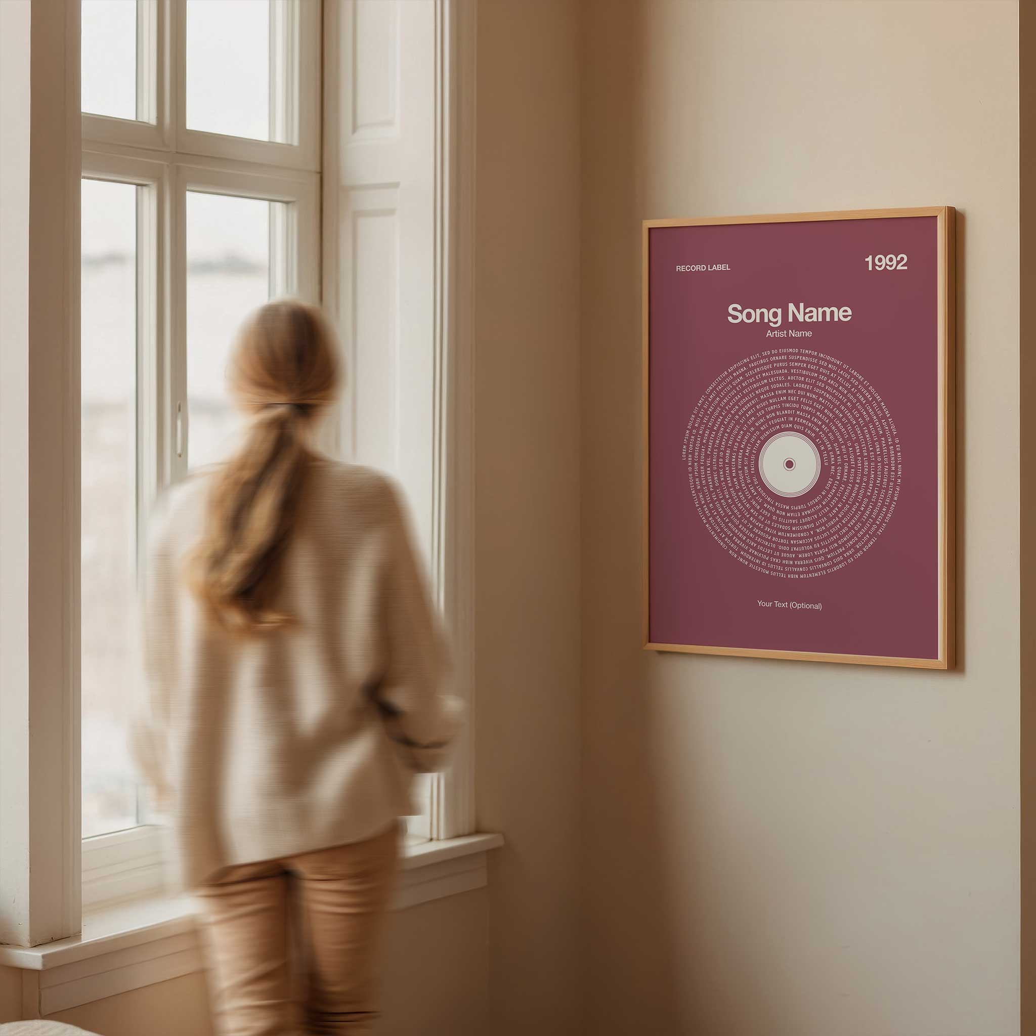 Deep Plum background custom printed song lyrics in a vinyl record style, elegant music lover gift.