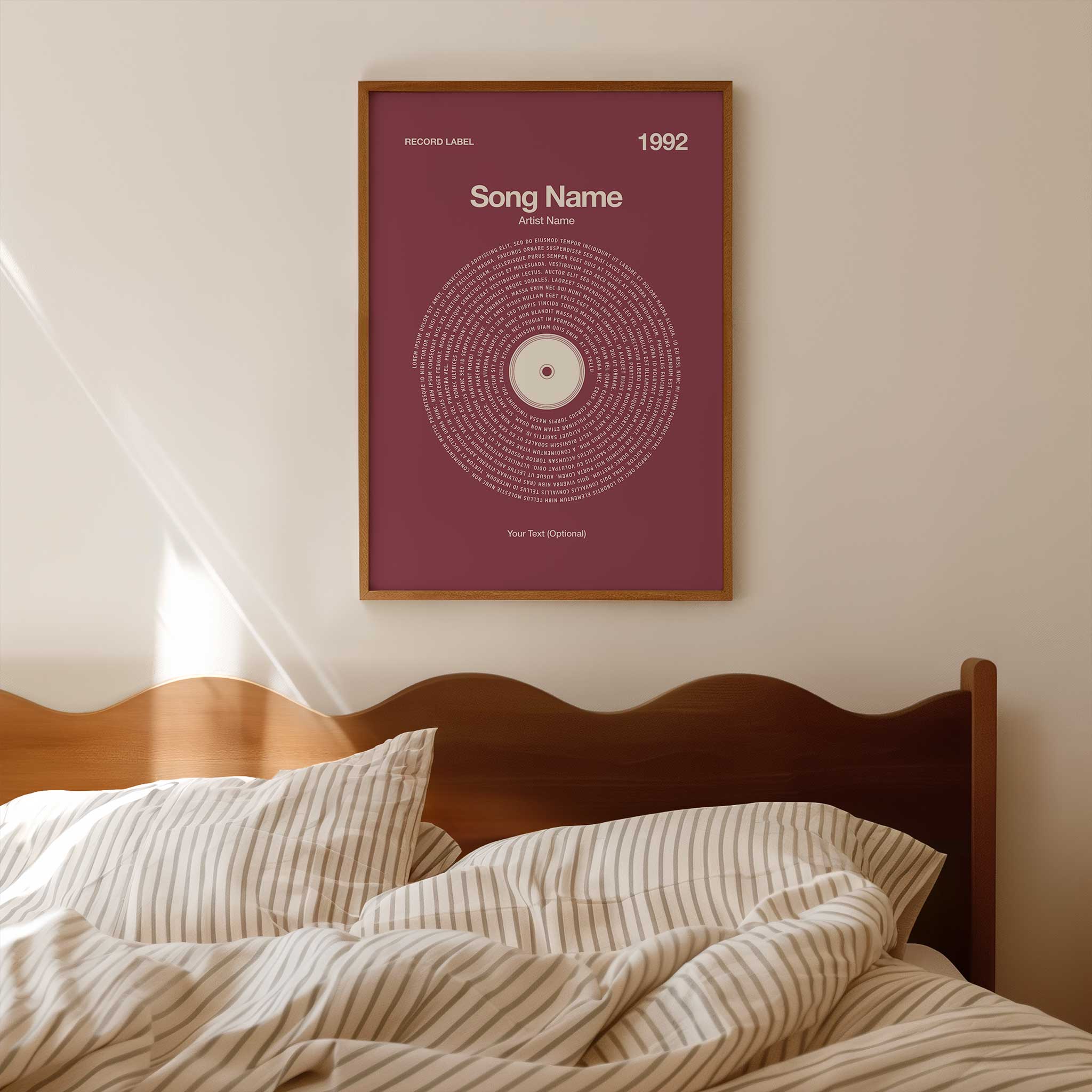 Deep Plum background custom printed song lyrics in a vinyl record style, elegant music lover gift.