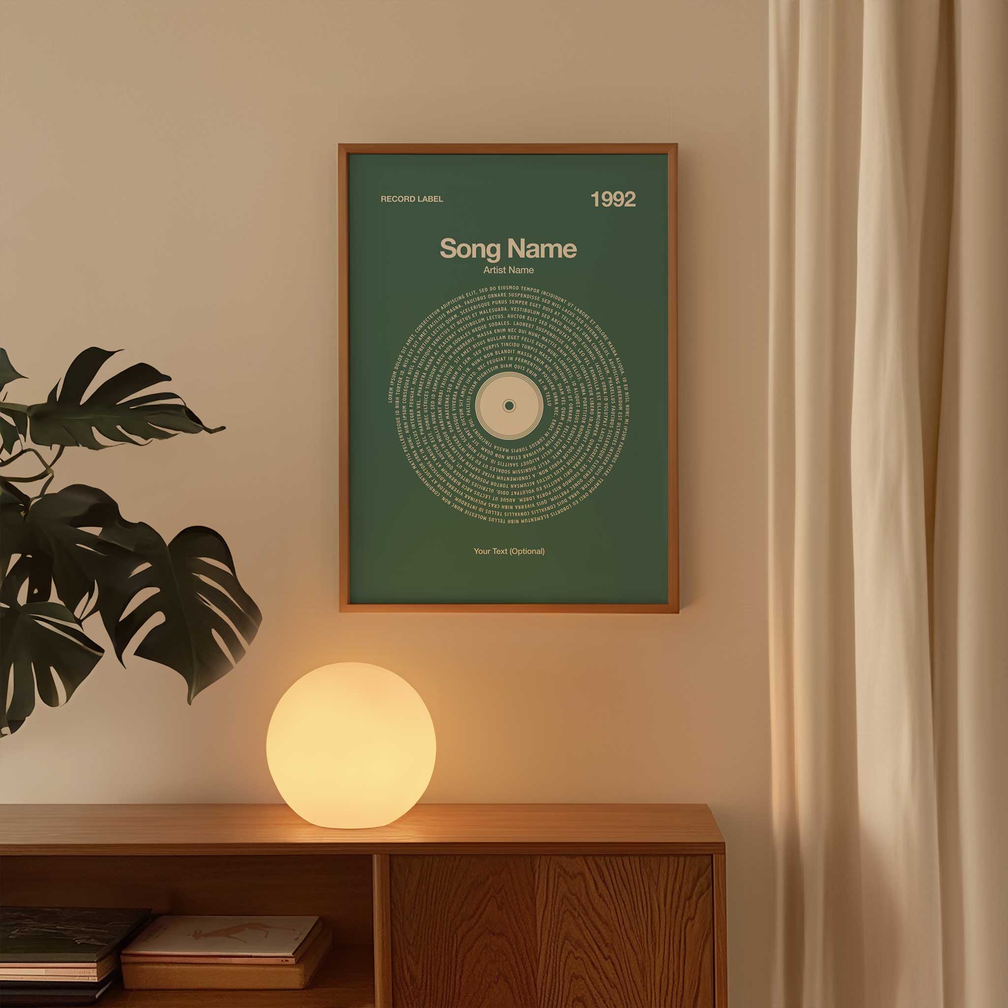 Soothing Sage Green background custom vinyl lyrics print, tranquil song wall art decor.