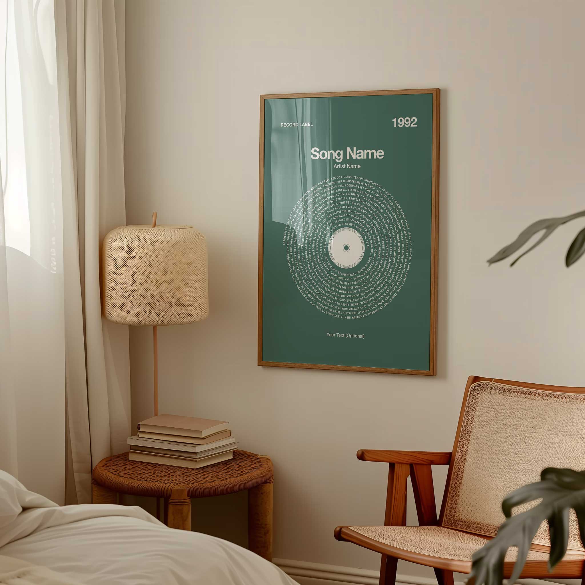 Soothing Sage Green background custom vinyl lyrics print, tranquil song wall art decor.