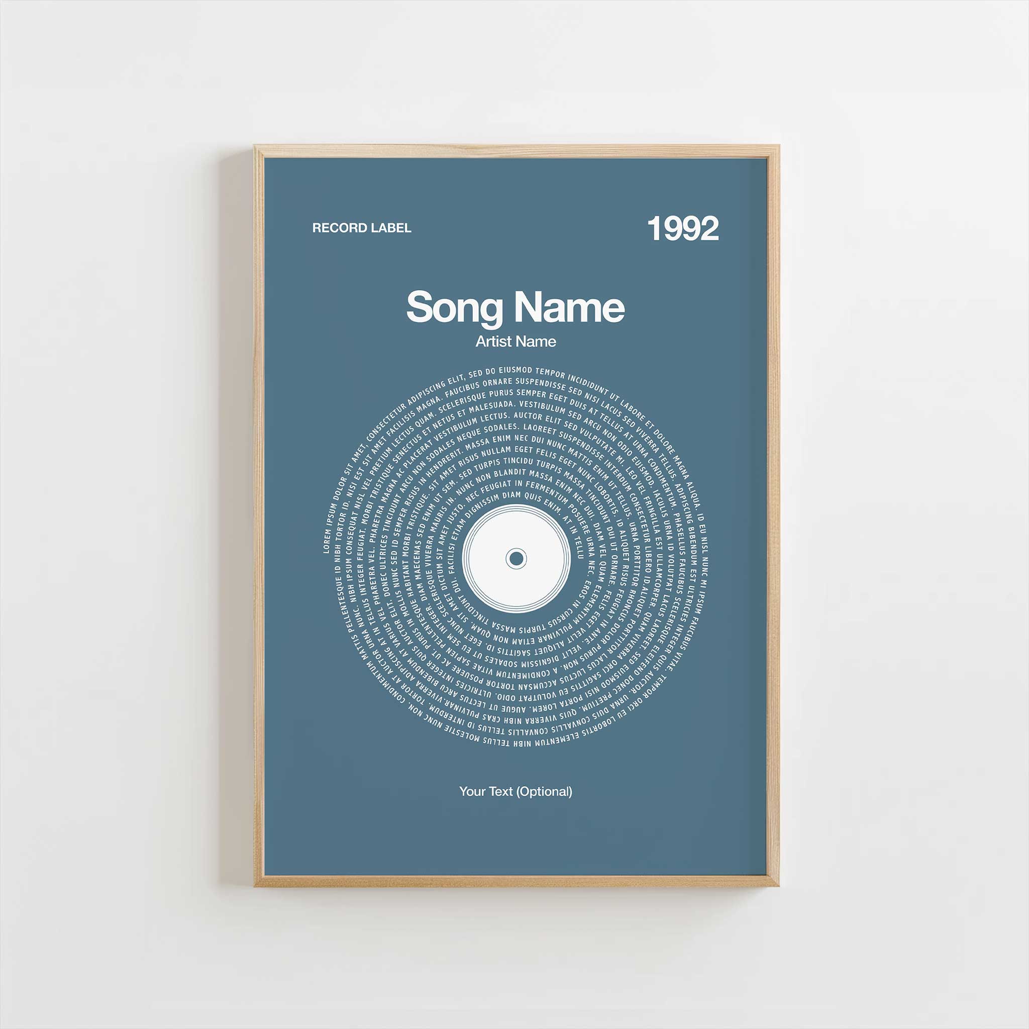 Soft Slate Blue background custom music wall art with personalized vinyl lyrics, contemporary aesthetic.