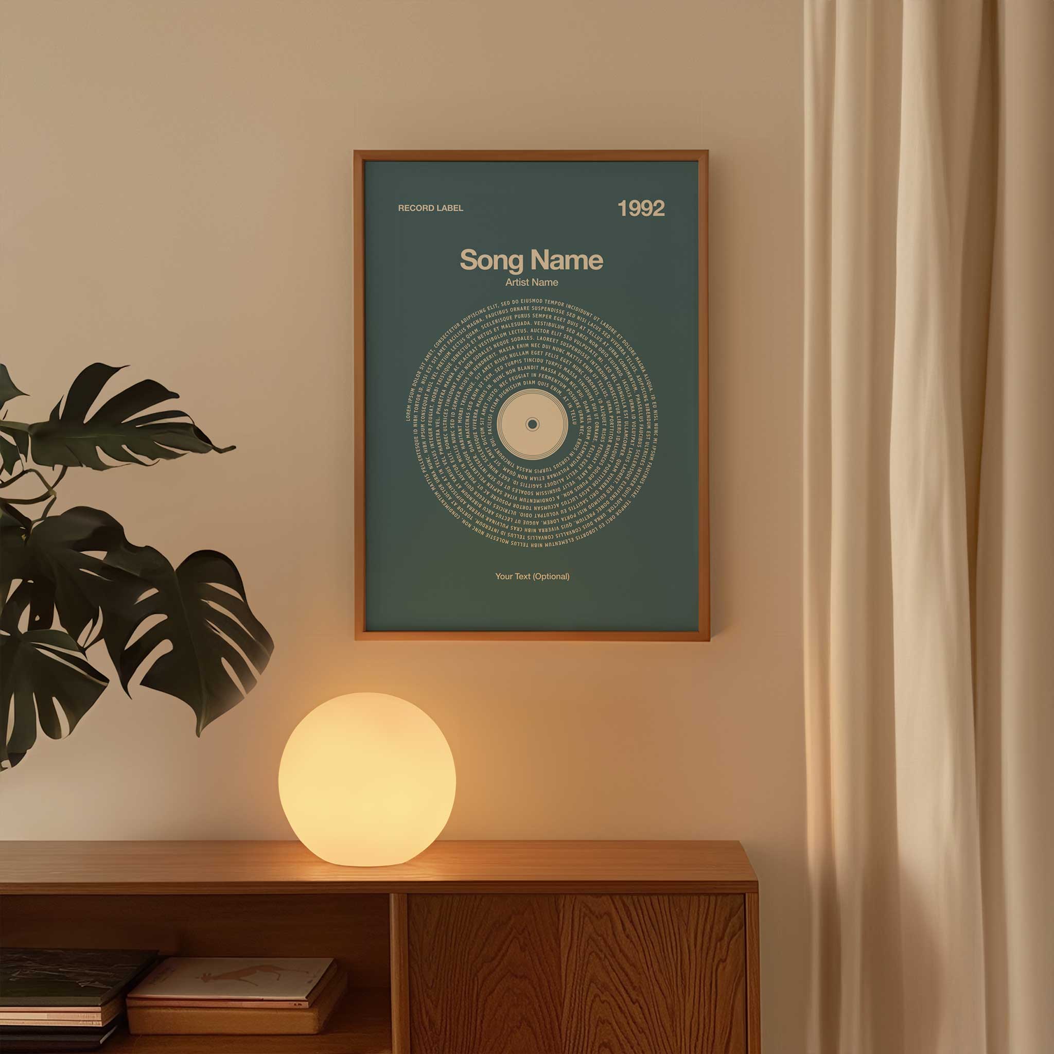 Soft Slate Blue background custom music wall art with personalized vinyl lyrics, contemporary aesthetic.