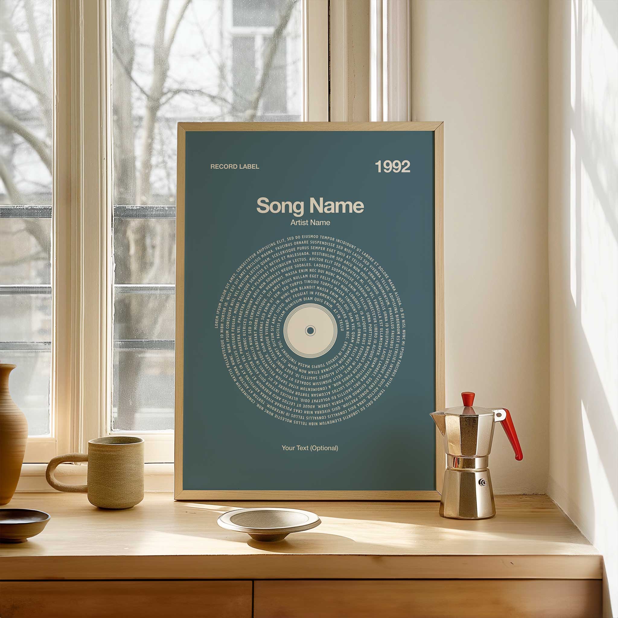 Soft Slate Blue background custom music wall art with personalized vinyl lyrics, contemporary aesthetic.