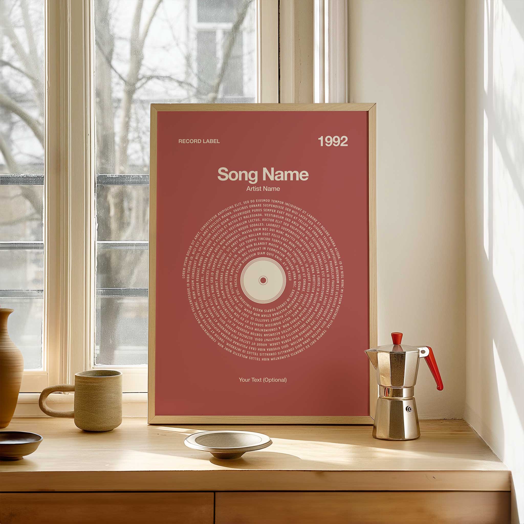 Rich Earthy Terracotta background custom vinyl lyrics print, warm song wall art gift.