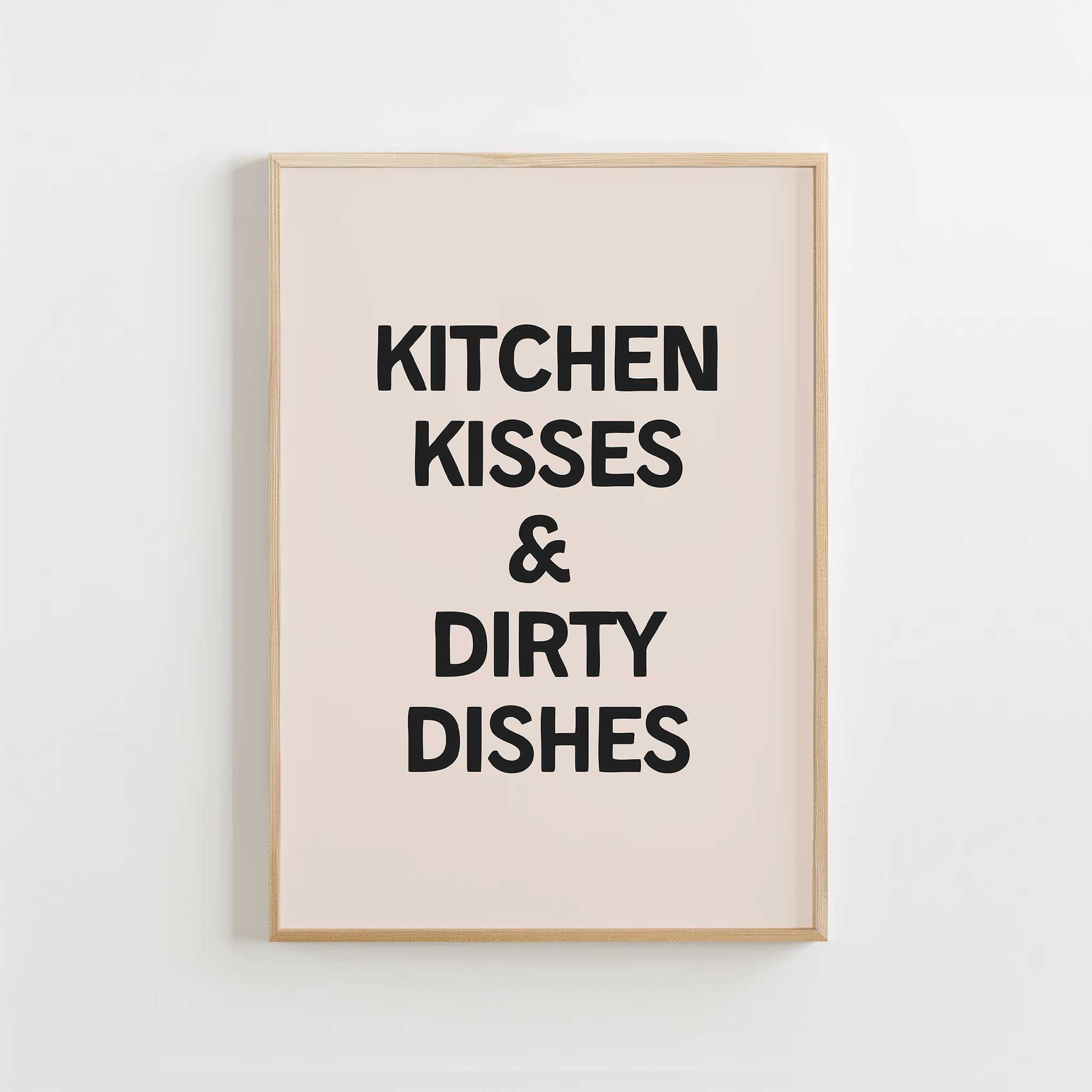 Kitchen Kisses & Dirty Dishes' cozy typography, framed wall art print for kitchen aesthetic, titled 'Kitchen Kisses & Dirty Dishes'