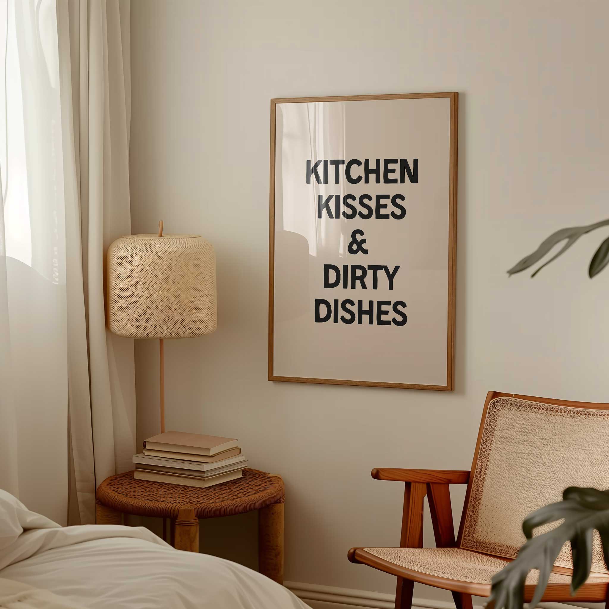 Kitchen Kisses & Dirty Dishes' cozy typography, framed wall art print for kitchen aesthetic, titled 'Kitchen Kisses & Dirty Dishes'