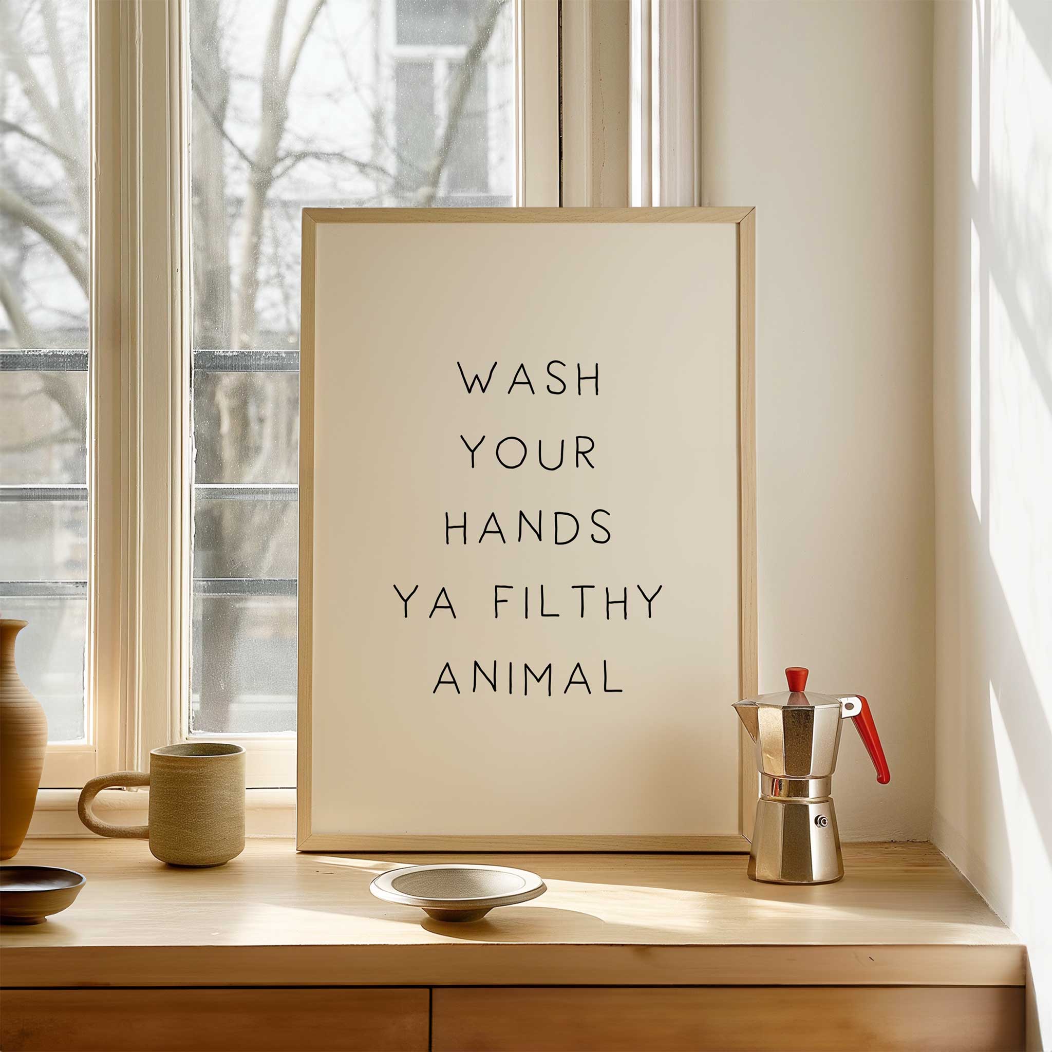 Wash Your Hands Ya Filthy Animal' playful typography, framed wall art print for bathroom humor aesthetic, titled 'Wash Your Hands Ya Filthy Animal'