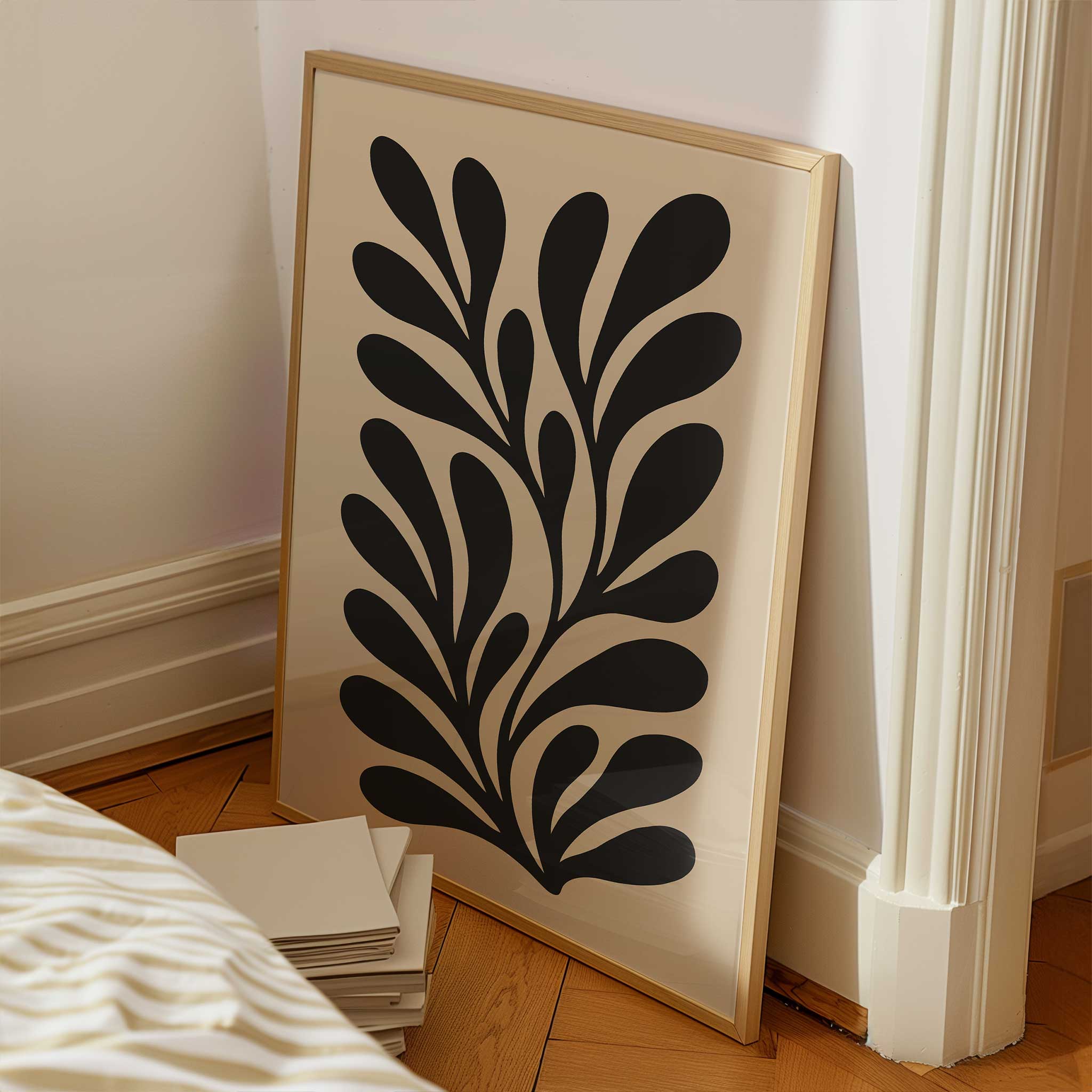 Modern botanical silhouette art of a graceful flowing leaf, a minimalist print titled 'Shadowleaf Flow'.