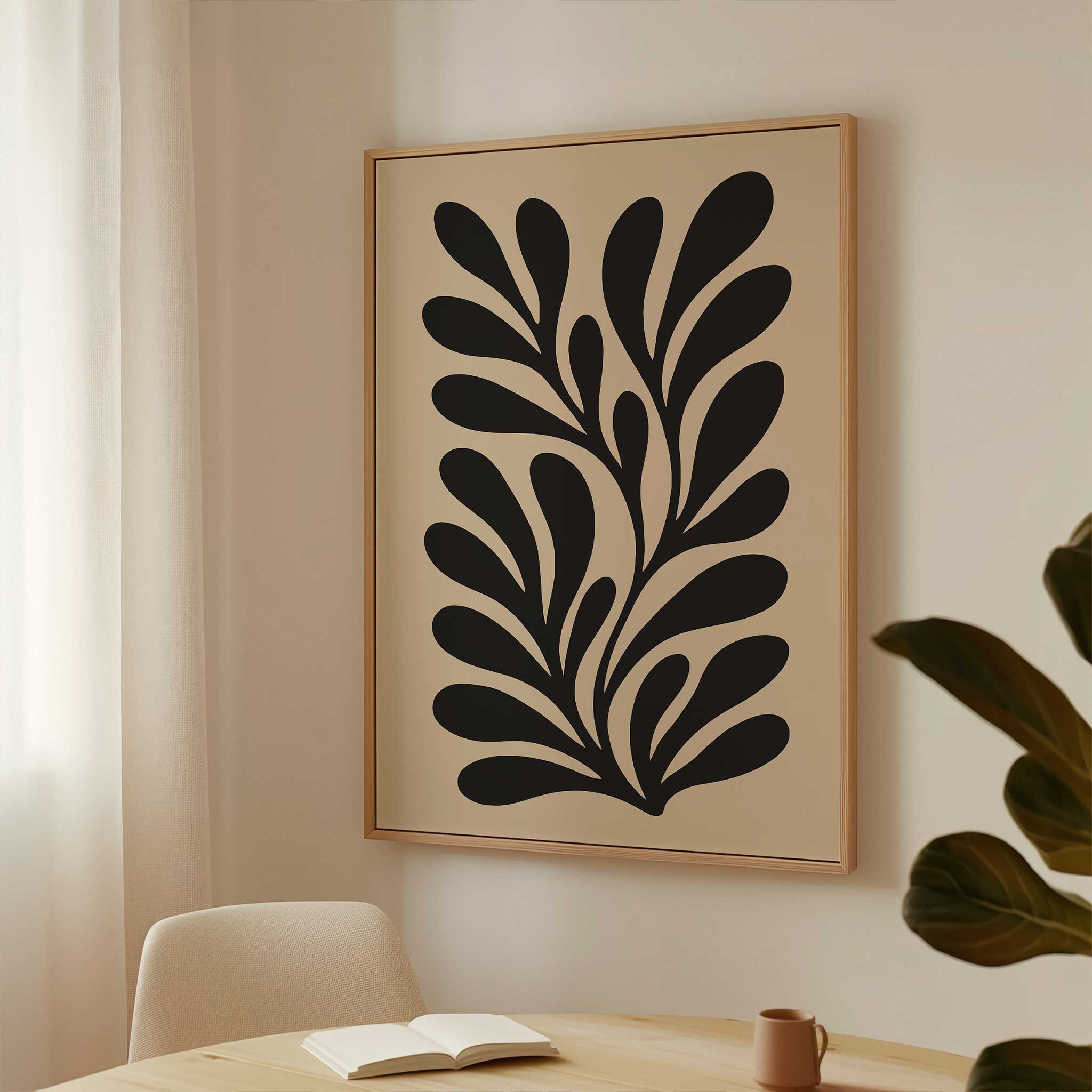 Modern botanical silhouette art of a graceful flowing leaf, a minimalist print titled 'Shadowleaf Flow'.