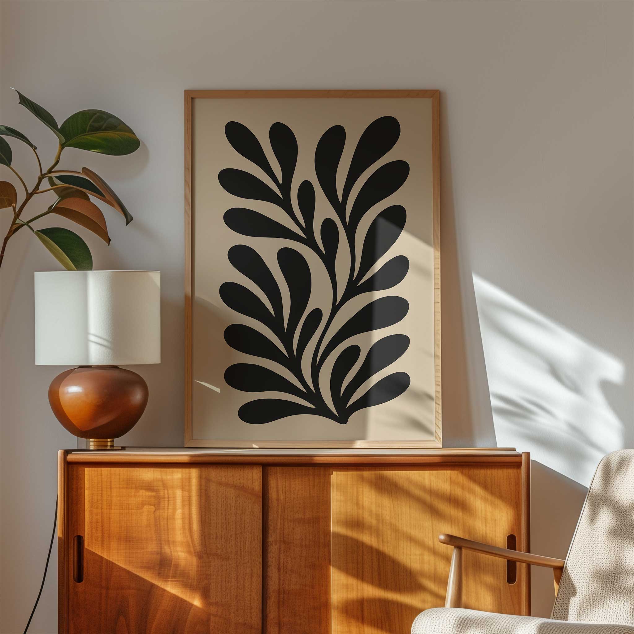 Modern botanical silhouette art of a graceful flowing leaf, a minimalist print titled 'Shadowleaf Flow'.