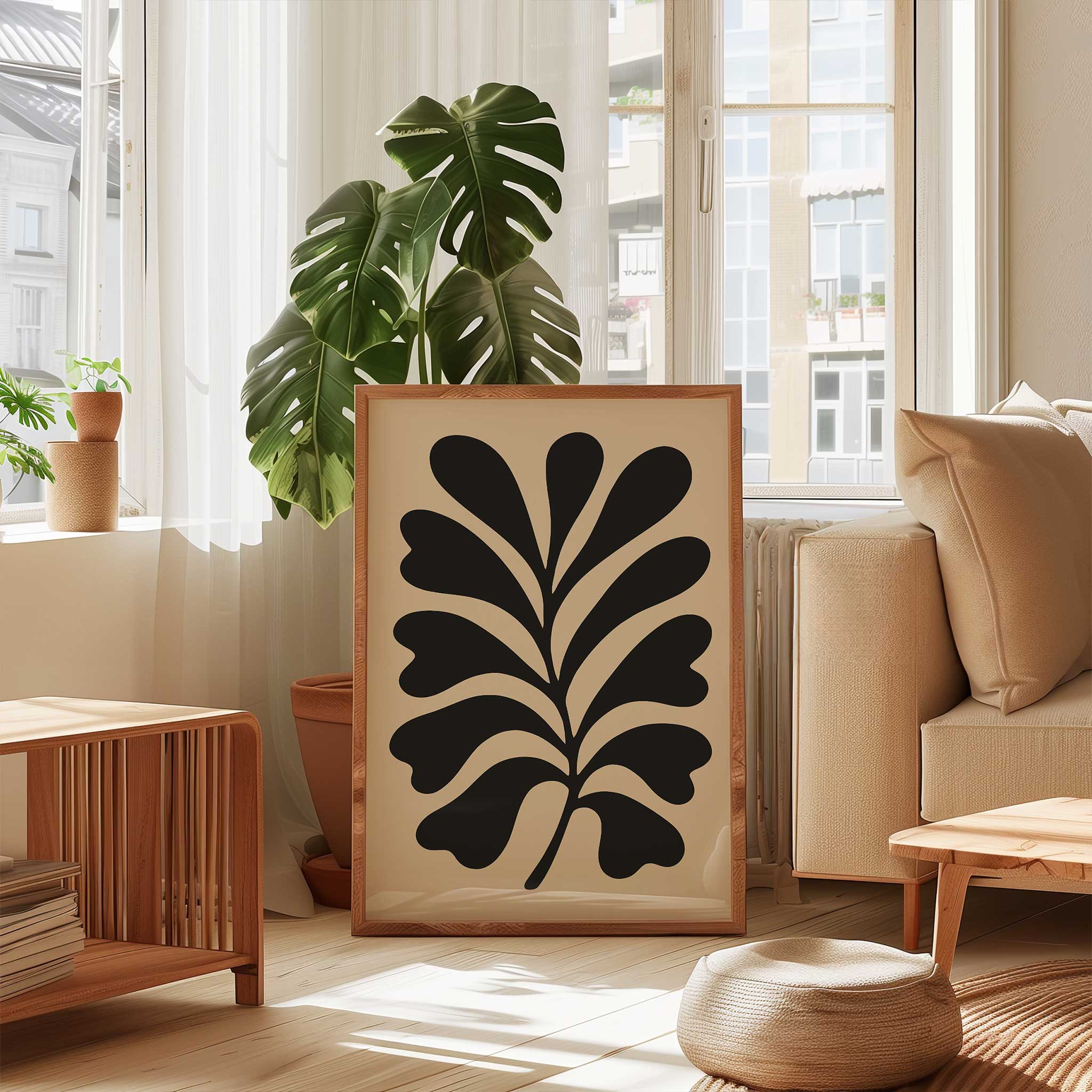A bold, minimalist silhouette print of an oak leaf, calming modern wall art titled 'Bold Oak'.