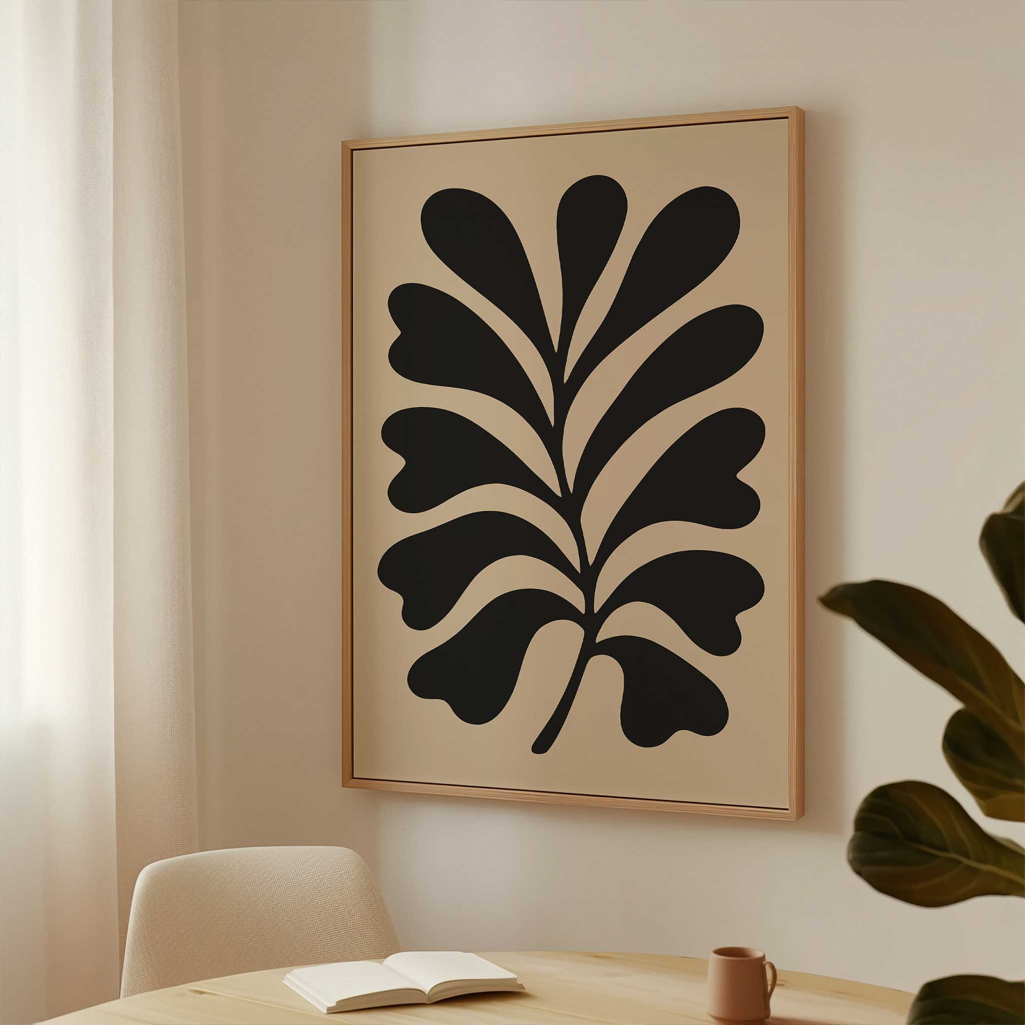 A bold, minimalist silhouette print of an oak leaf, calming modern wall art titled 'Bold Oak'.