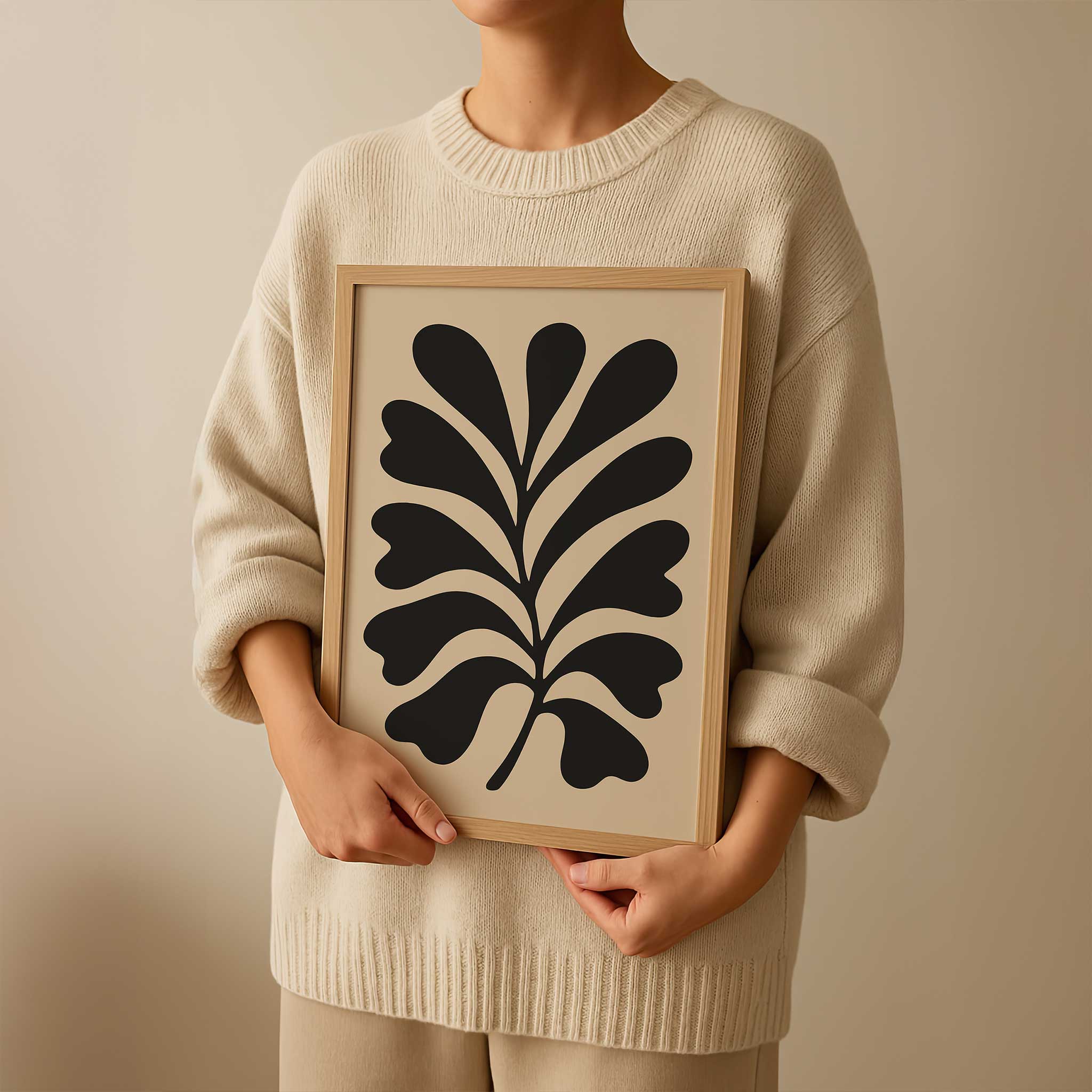 A bold, minimalist silhouette print of an oak leaf, calming modern wall art titled 'Bold Oak'.