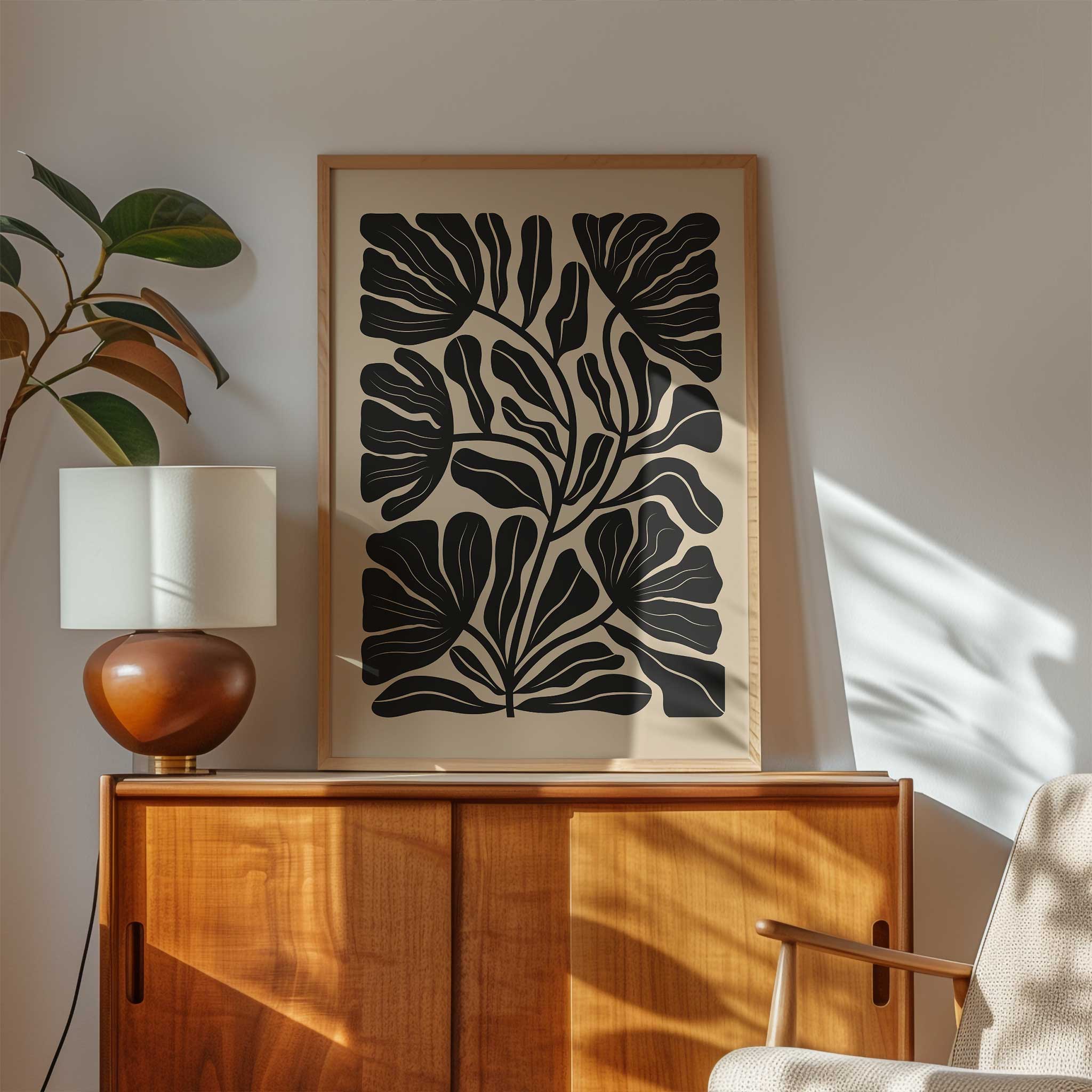 A soft, flowing floral silhouette in a minimalist style, serene art print titled 'Petal Drift'.