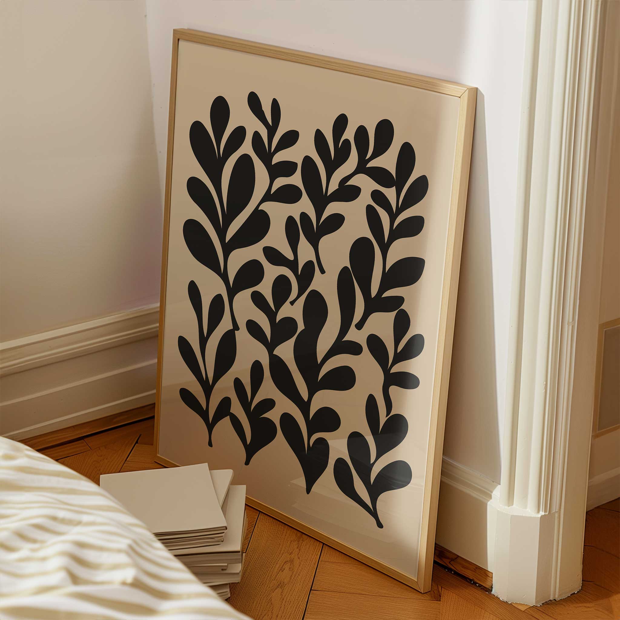 A minimalist cluster of leafy silhouettes creating a natural rhythm, modern wall art titled 'Garden Rhythm'.