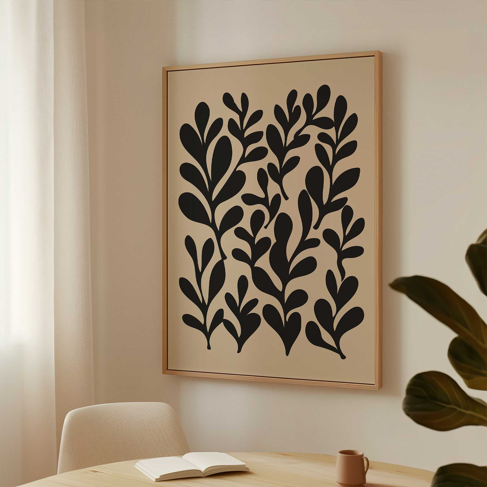 A minimalist cluster of leafy silhouettes creating a natural rhythm, modern wall art titled 'Garden Rhythm'.
