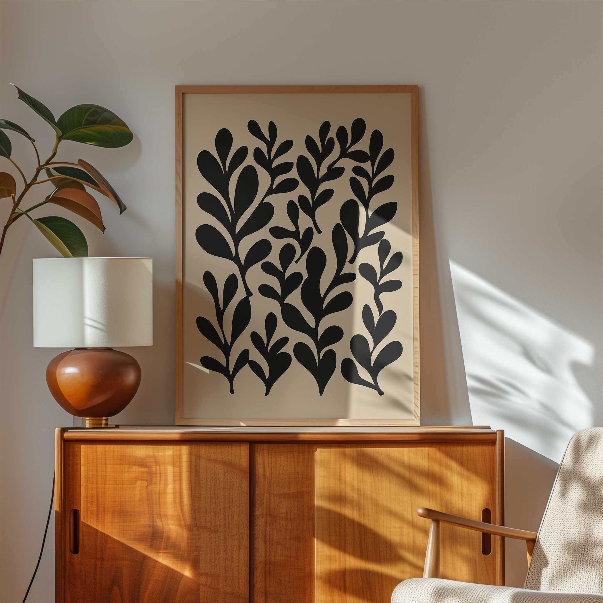 A minimalist cluster of leafy silhouettes creating a natural rhythm, modern wall art titled 'Garden Rhythm'.