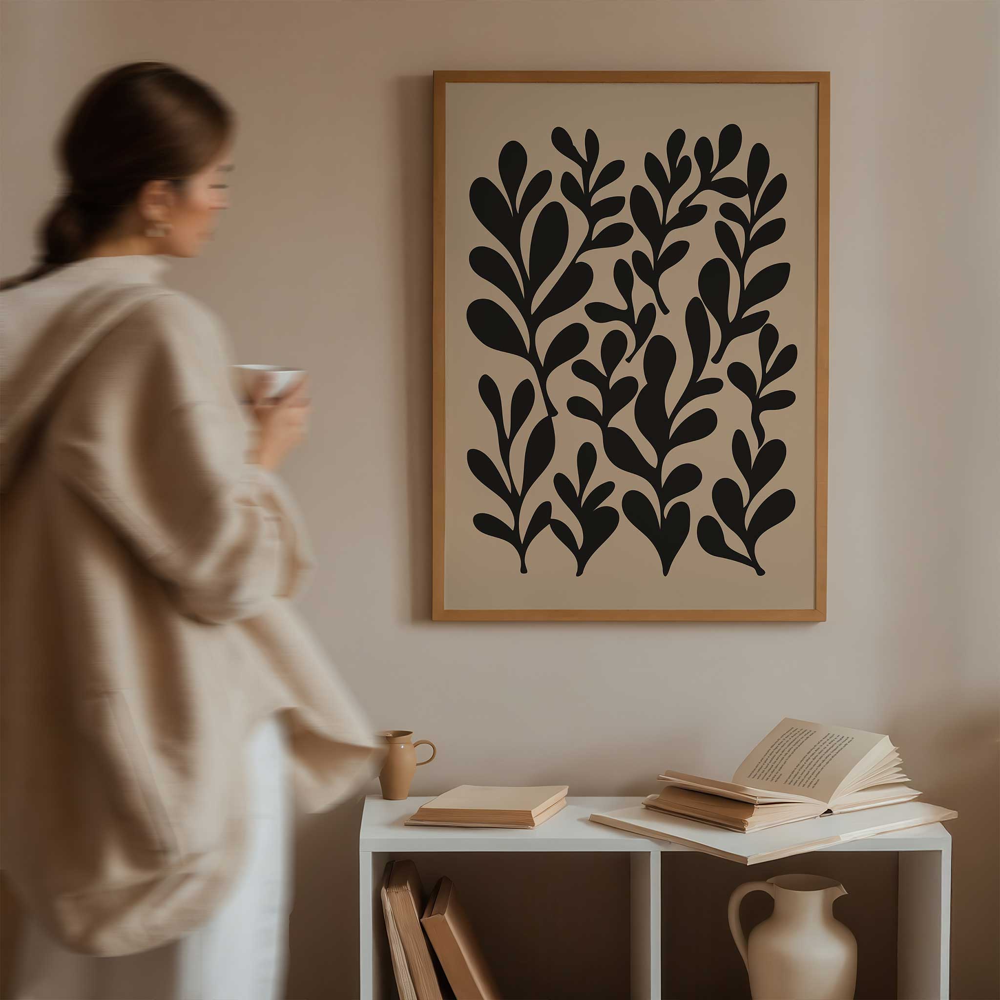 A minimalist cluster of leafy silhouettes creating a natural rhythm, modern wall art titled 'Garden Rhythm'.