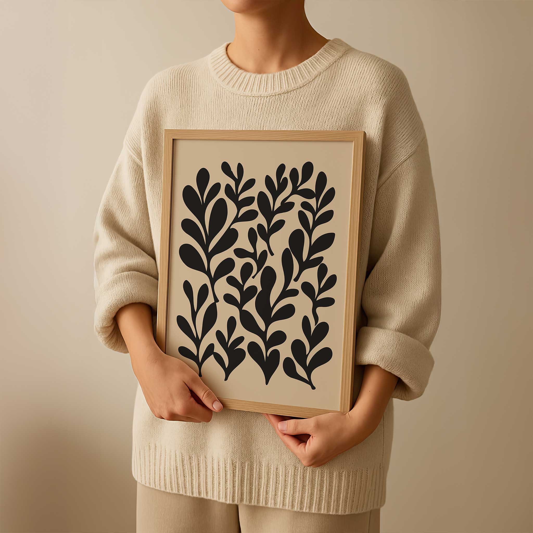 A minimalist cluster of leafy silhouettes creating a natural rhythm, modern wall art titled 'Garden Rhythm'.