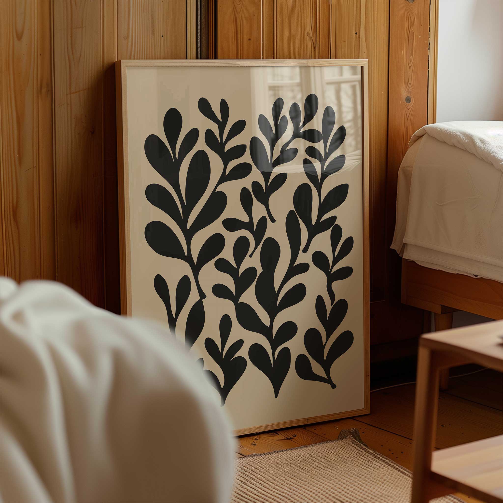 A minimalist cluster of leafy silhouettes creating a natural rhythm, modern wall art titled 'Garden Rhythm'.