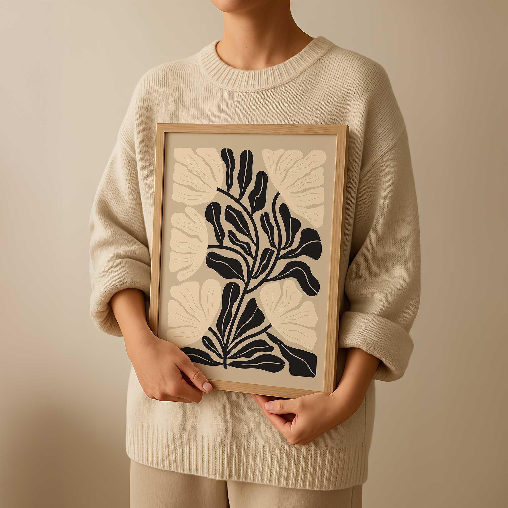 A neutral-toned minimalist print of a flowing floral silhouette, titled 'Soft Bloom'.