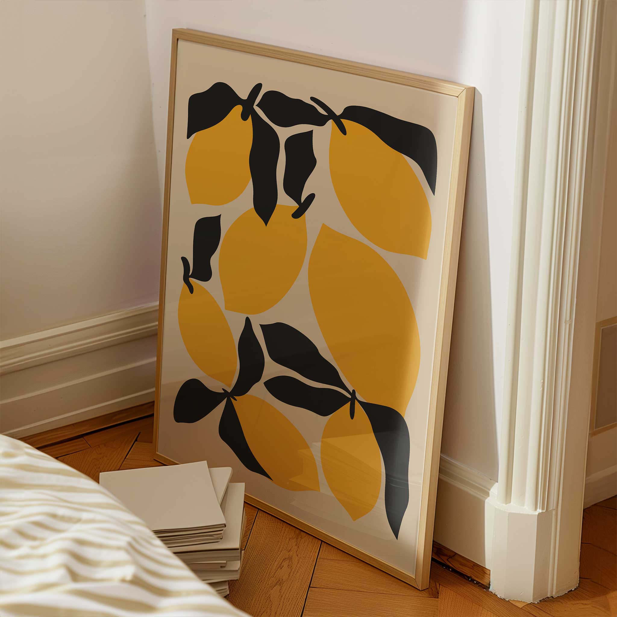 Bold and playful modern art print of a lemon, titled 'Citrus Pop', perfect for kitchen wall decor.