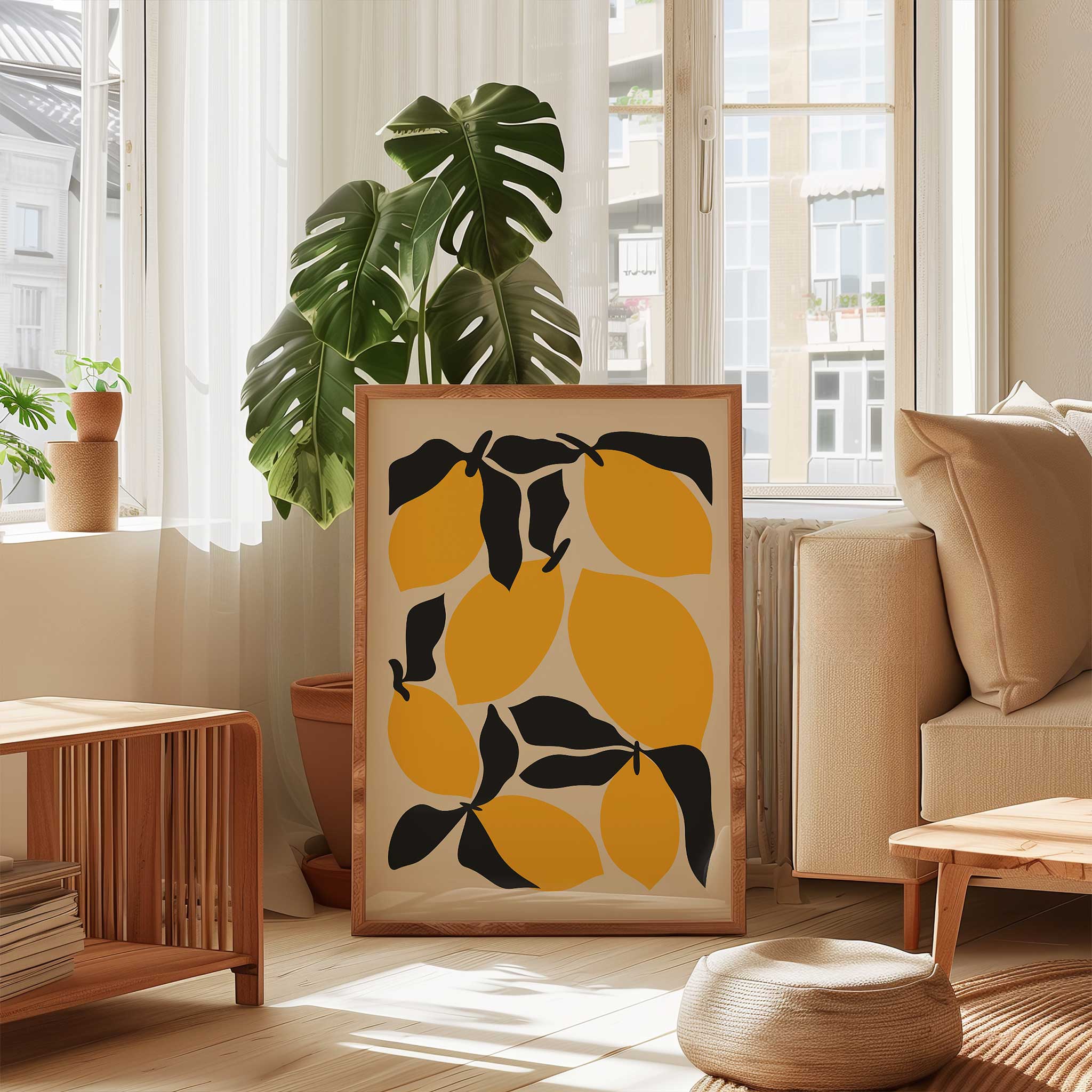Bold and playful modern art print of a lemon, titled 'Citrus Pop', perfect for kitchen wall decor.