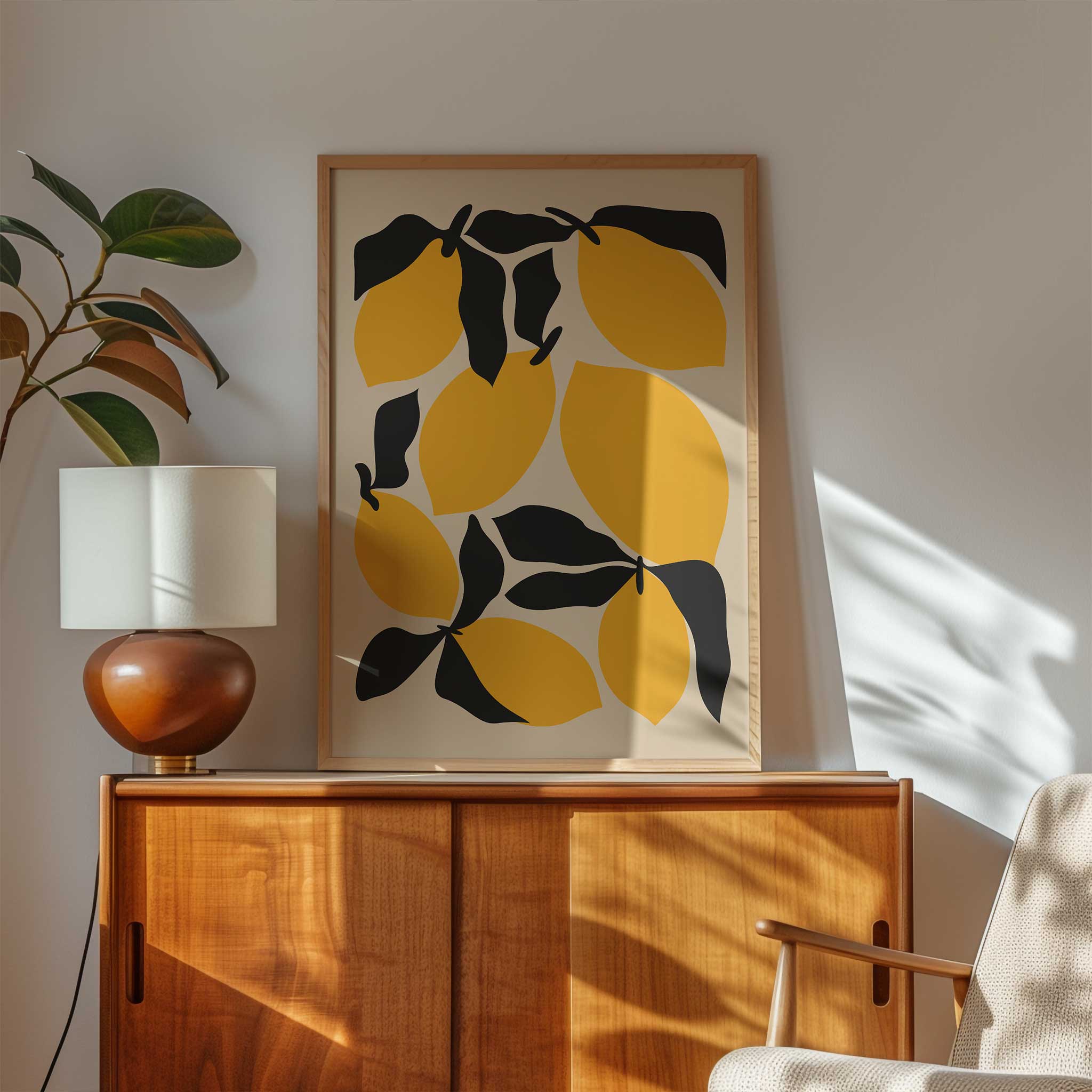Bold and playful modern art print of a lemon, titled 'Citrus Pop', perfect for kitchen wall decor.