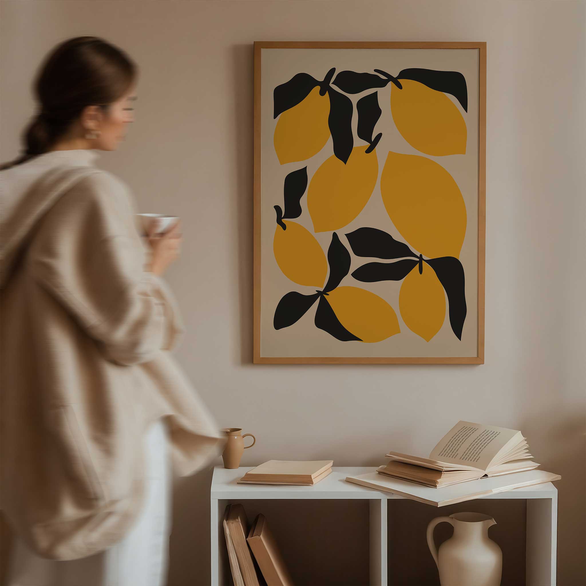 Bold and playful modern art print of a lemon, titled 'Citrus Pop', perfect for kitchen wall decor.