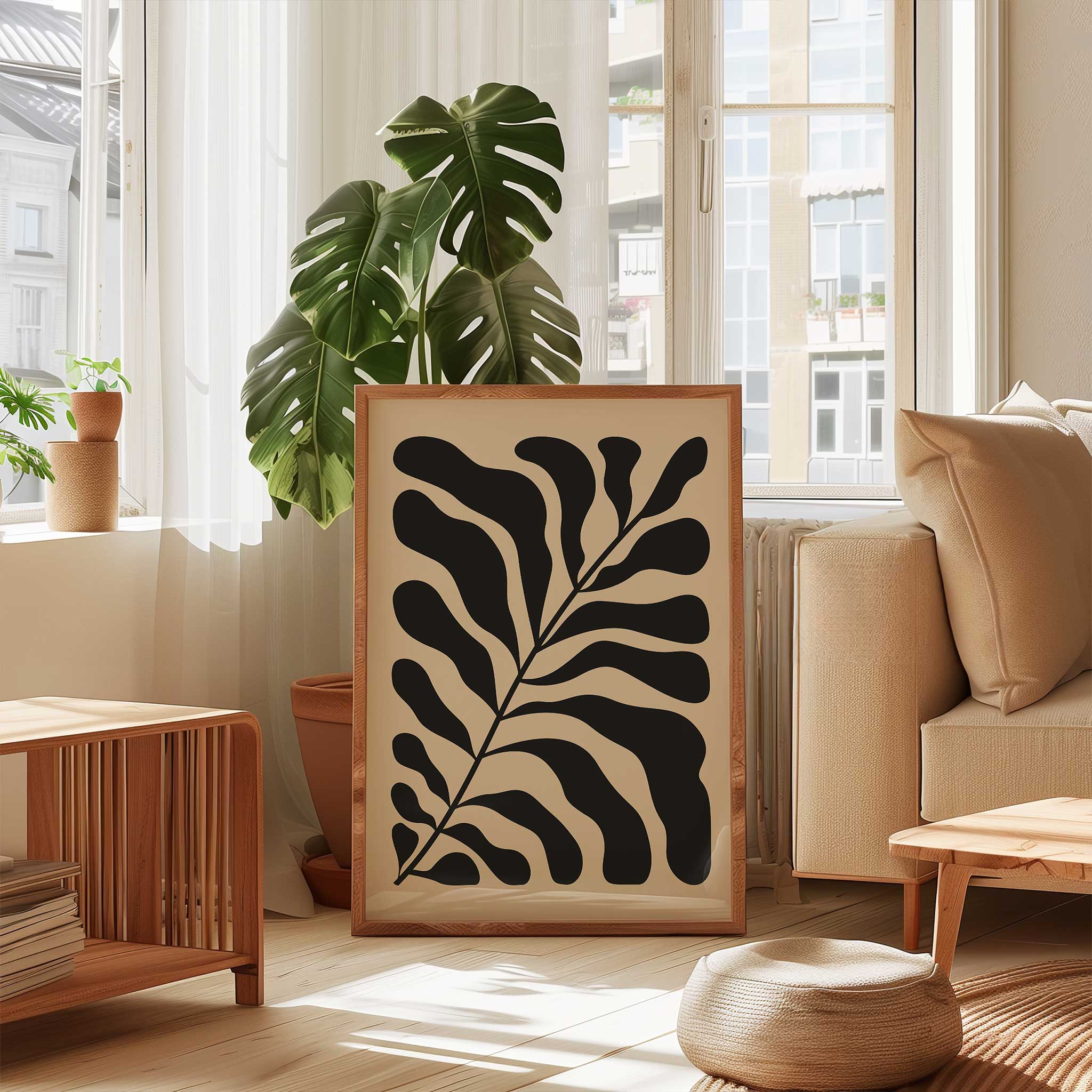 A bold, monochrome silhouette of a fern leaf on a light background, modern botanical art titled 'Night Fern'.
