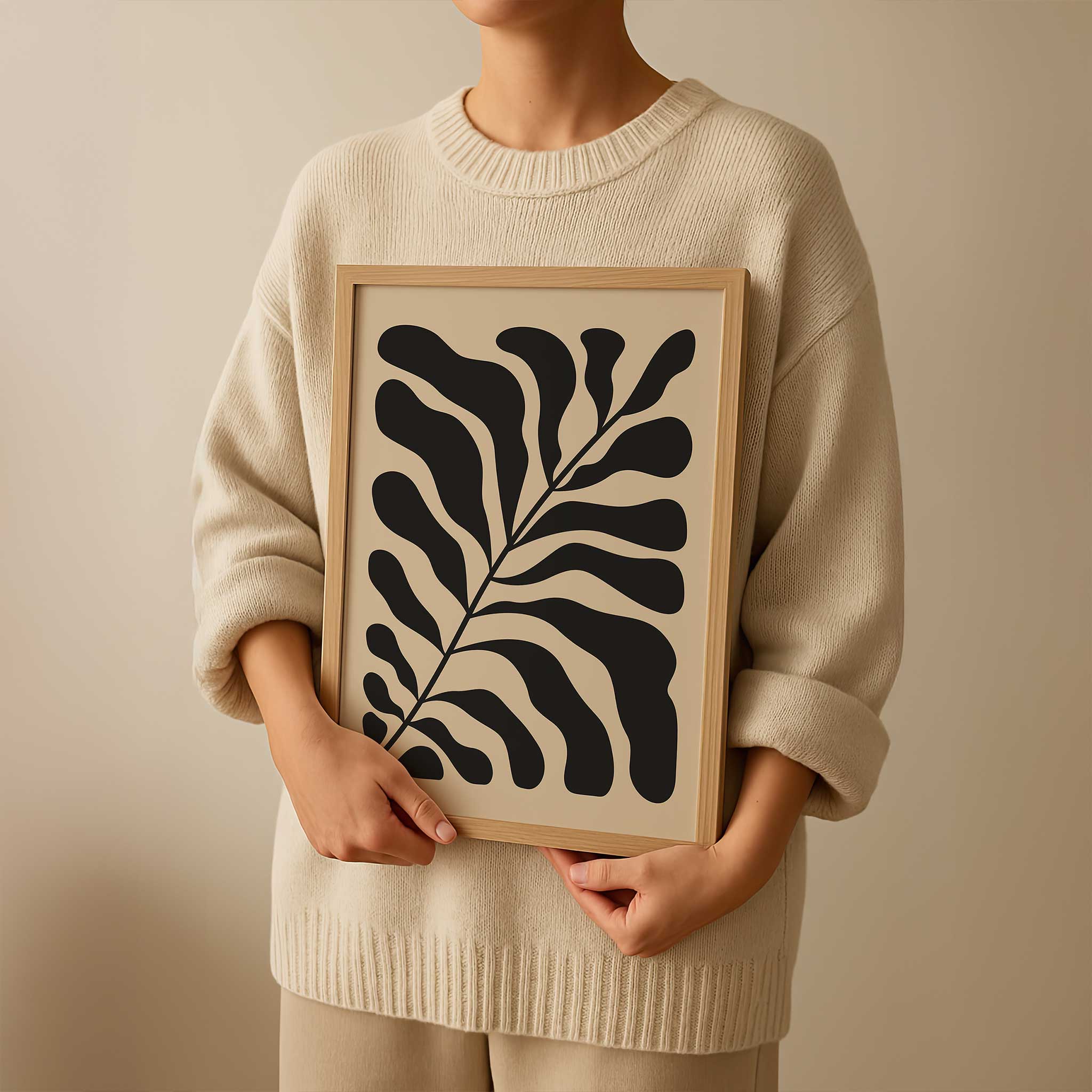 A bold, monochrome silhouette of a fern leaf on a light background, modern botanical art titled 'Night Fern'.