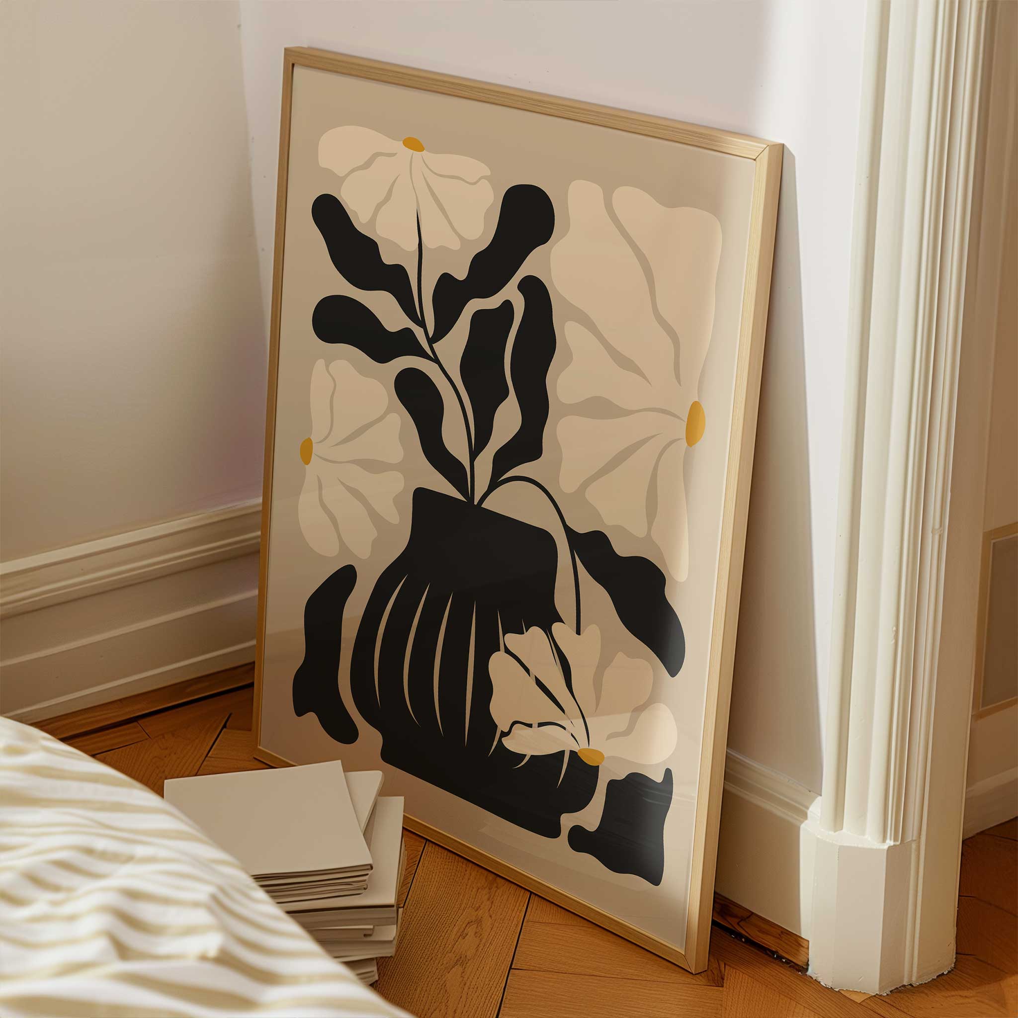 Modern still life art print of a floral arrangement in a vase, titled 'Still Bloom'.