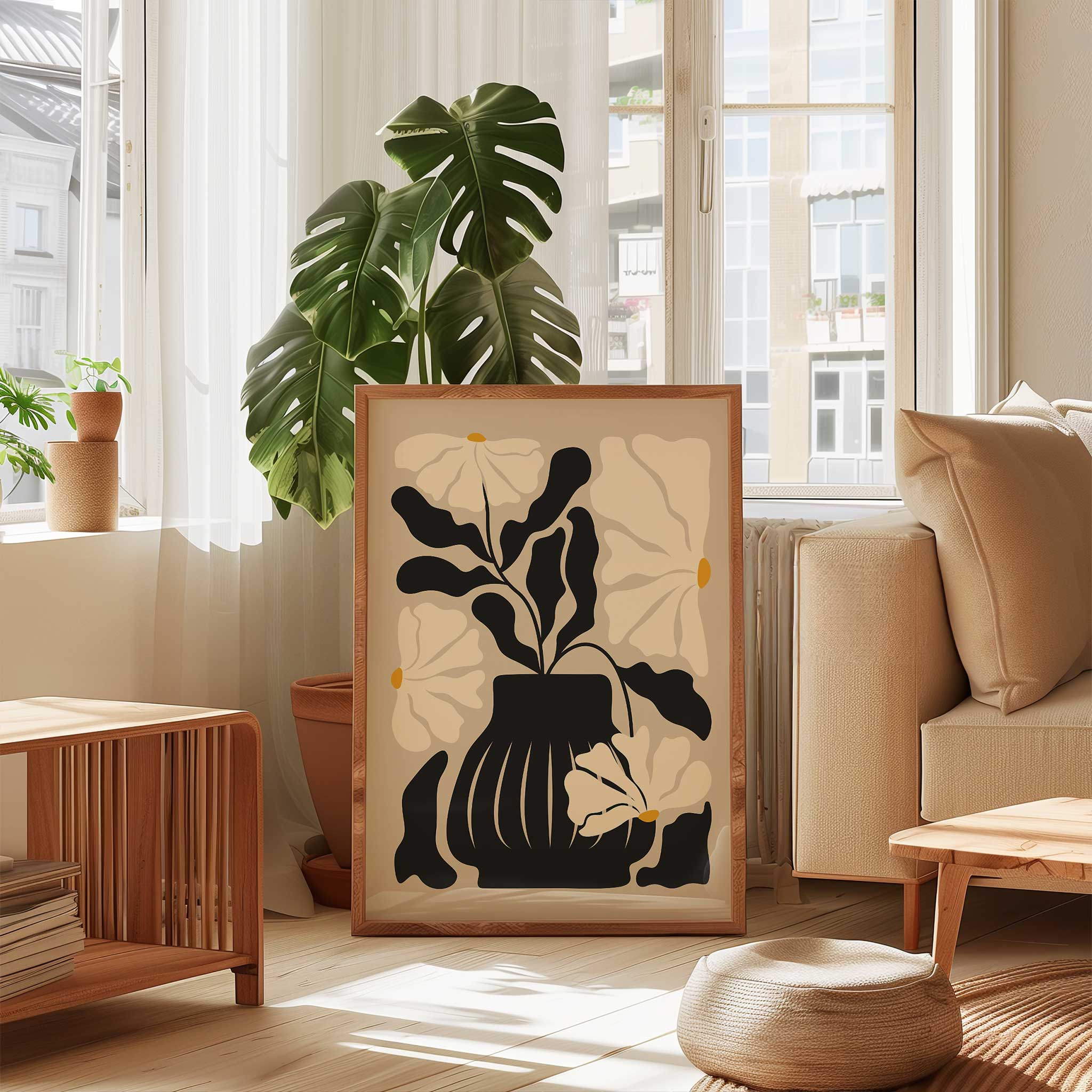 Modern still life art print of a floral arrangement in a vase, titled 'Still Bloom'.