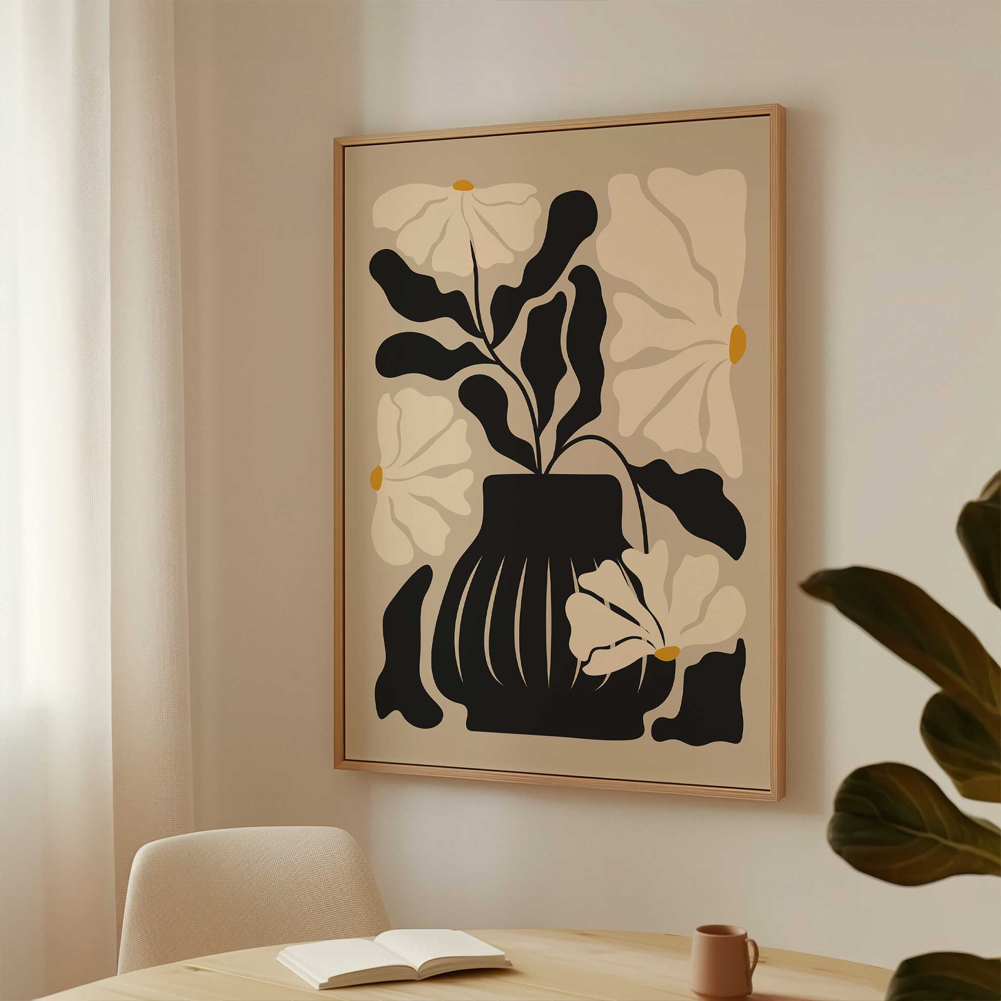 Modern still life art print of a floral arrangement in a vase, titled 'Still Bloom'.
