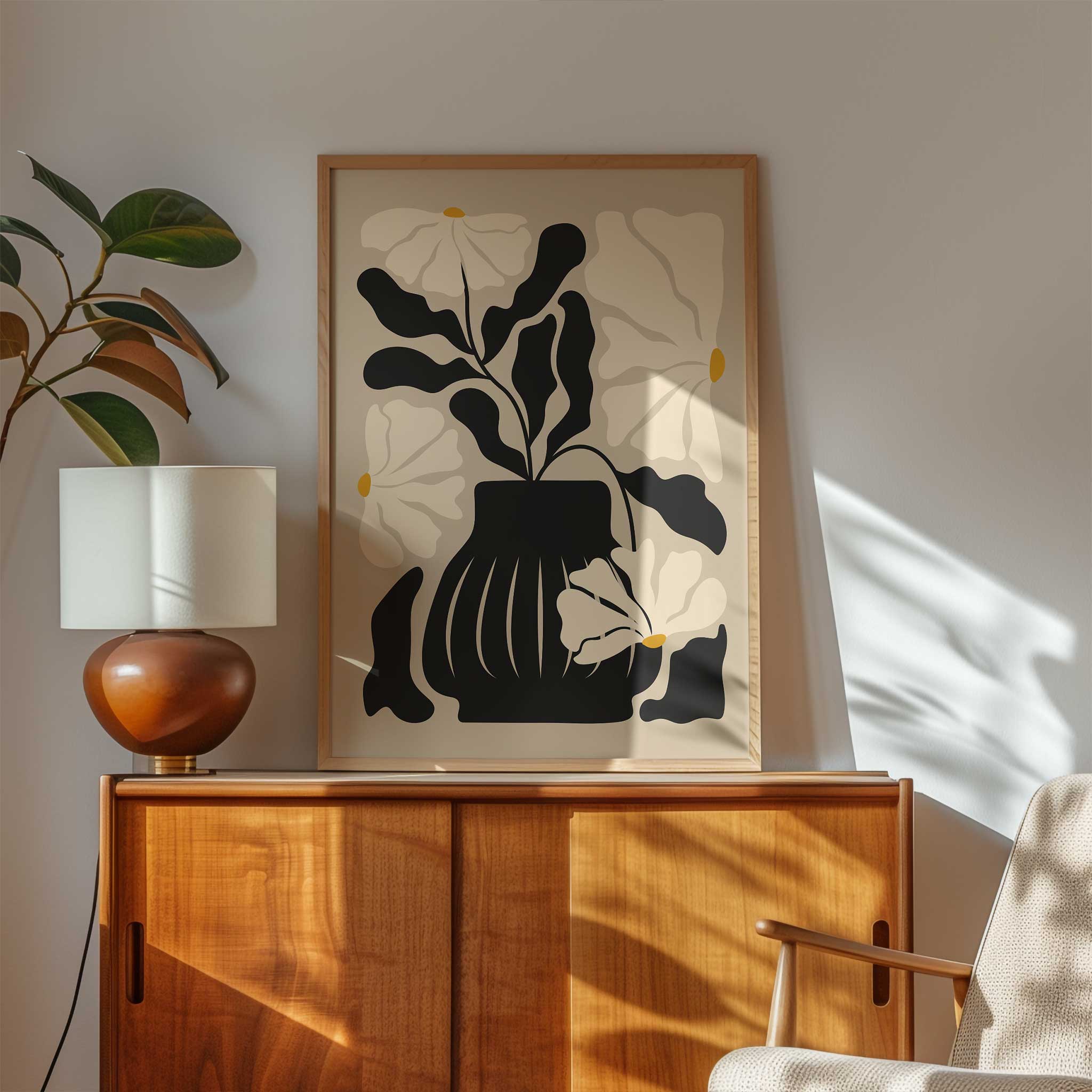 Modern still life art print of a floral arrangement in a vase, titled 'Still Bloom'.