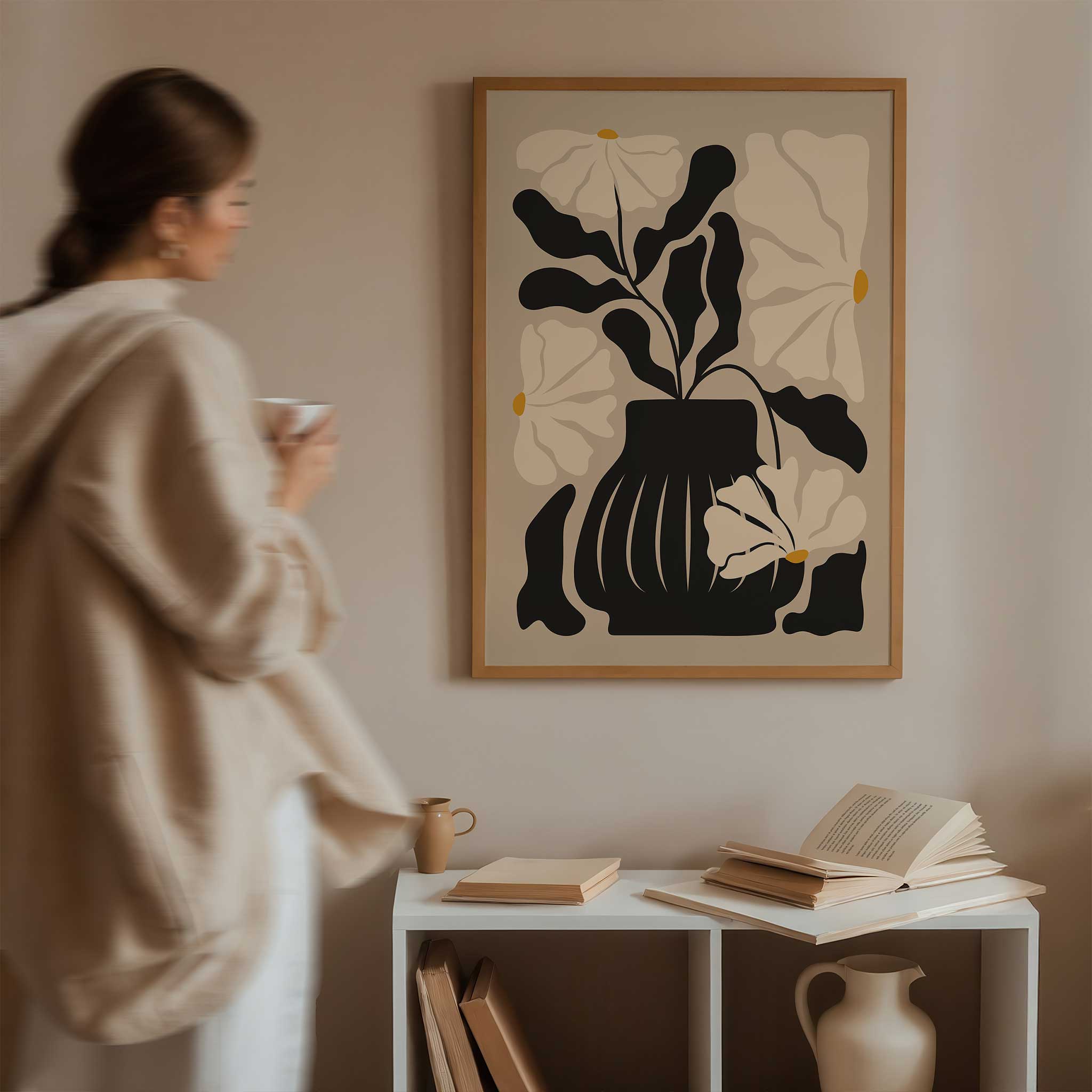 Modern still life art print of a floral arrangement in a vase, titled 'Still Bloom'.