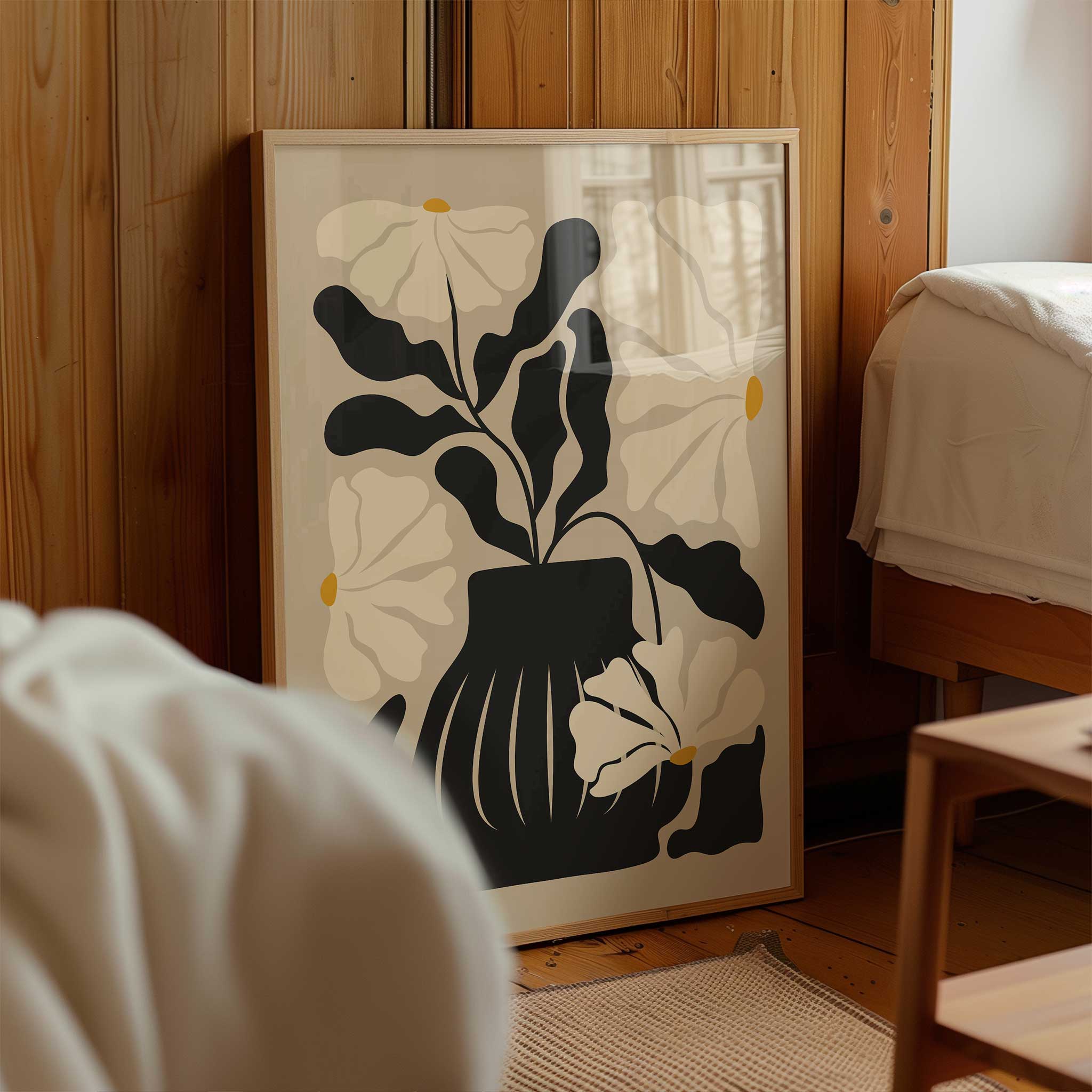 Modern still life art print of a floral arrangement in a vase, titled 'Still Bloom'.